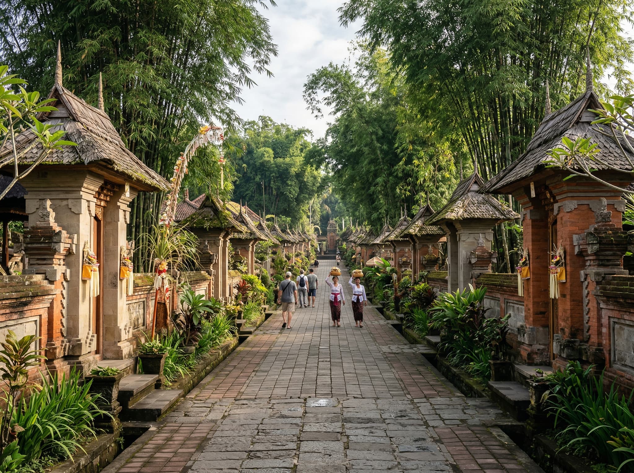 Penglipuran Village in Bangli Regency, Bali — the traditional Balinese village recommended as a half-day pairing with Tibumana Waterfall, showing its distinctive bamboo-lined main street and traditional architecture