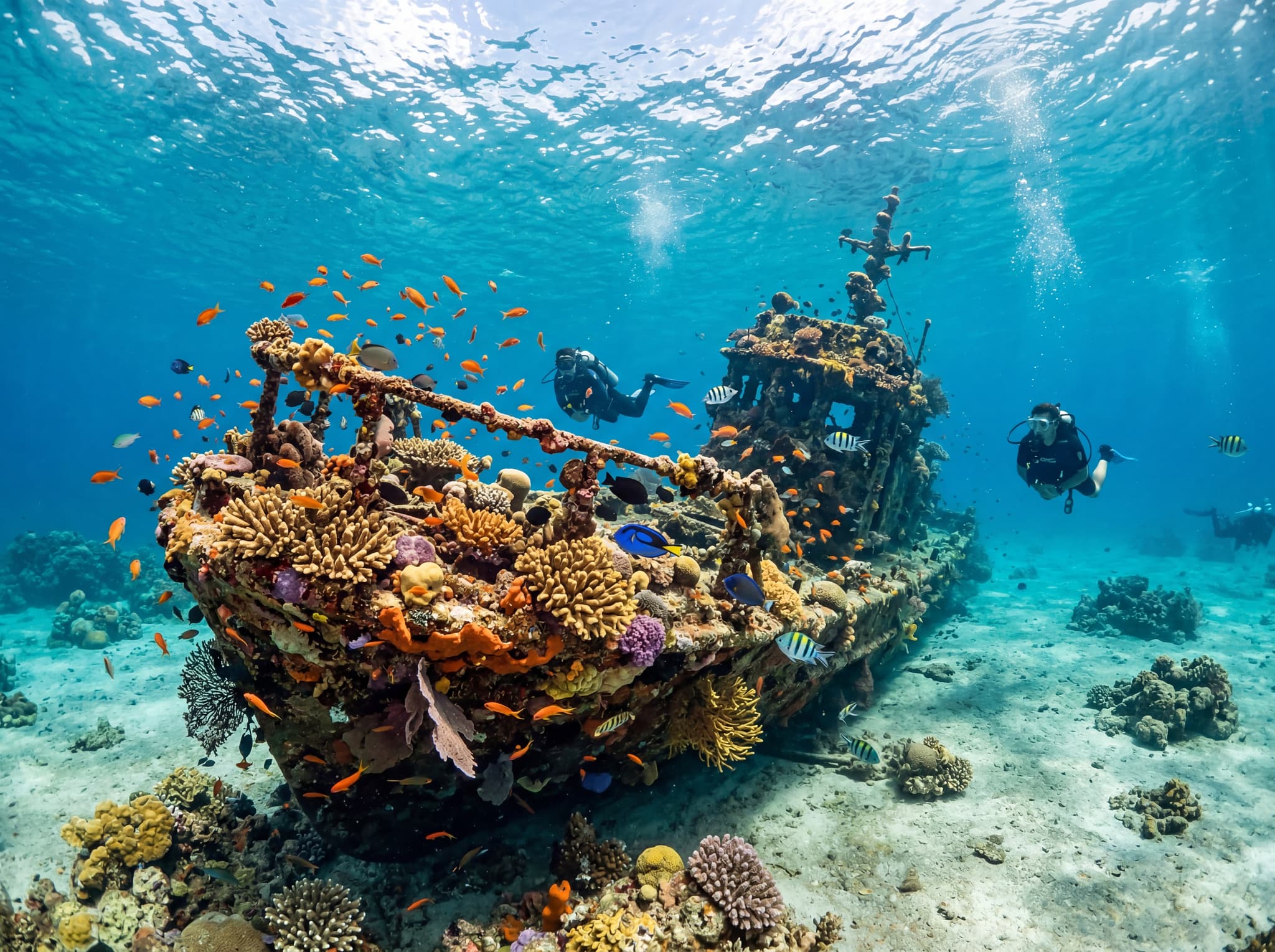 Underwater view of the Japanese Shipwreck dive site near Bunutan, Amed — coral-encrusted wreckage in shallow water with tropical fish, illustrating the accessible wreck diving that defines Amed's underwater reputation.