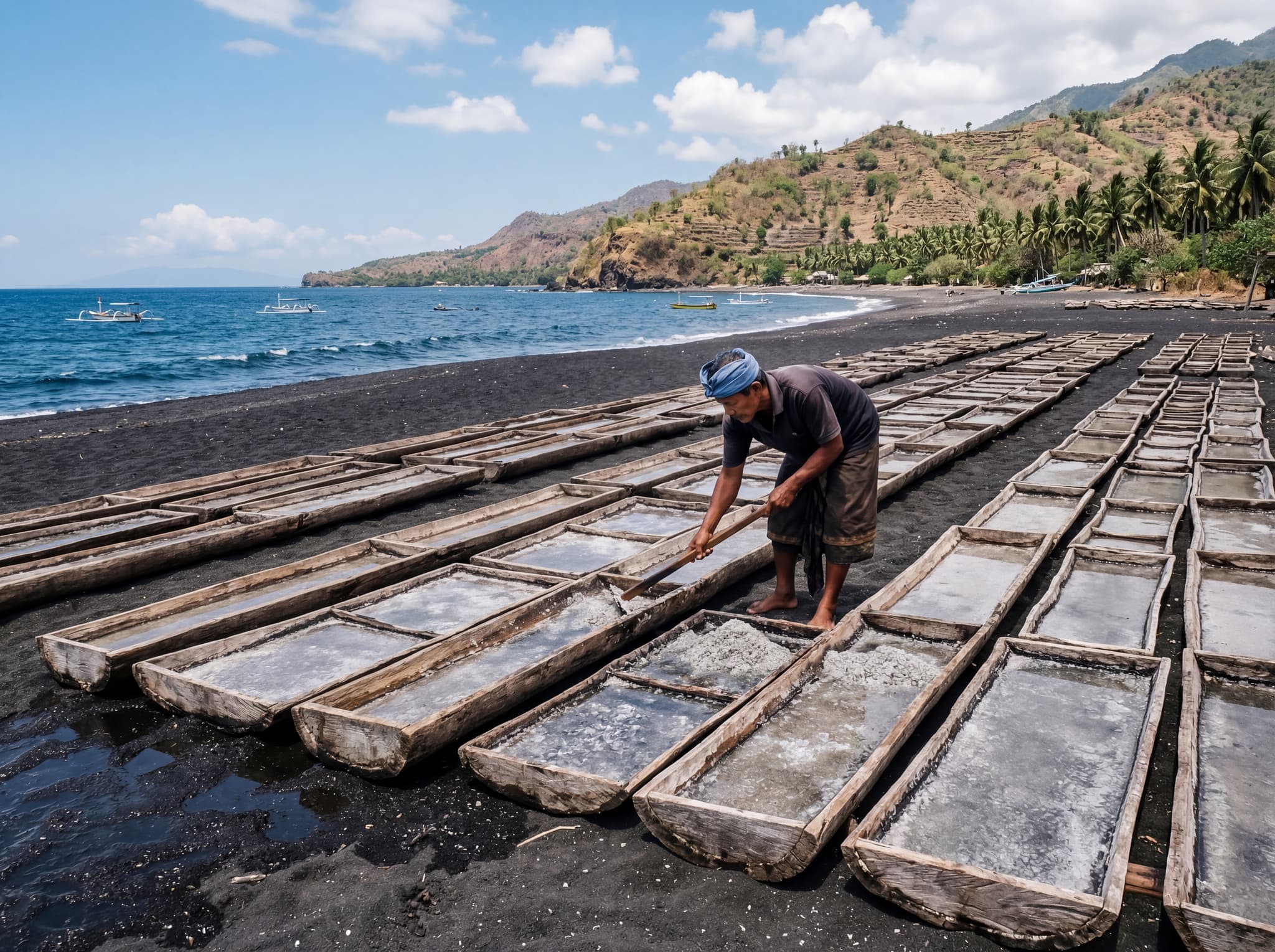 Traditional Balinese salt farming along the black sand coast near Amed — wooden evaporation troughs lined up on the beach with a salt farmer working in the sun, representing the working village life the article describes as distinct from tourist Bali.