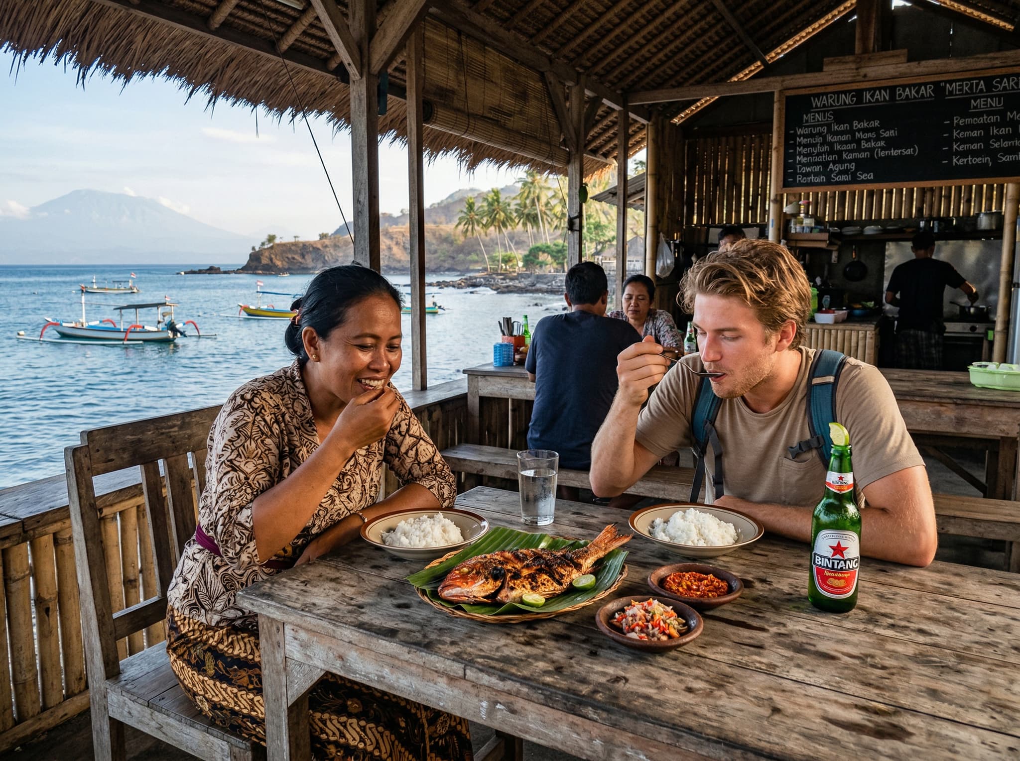 Open-air warung on the Amed coast road serving grilled fish — a simple table with local food, sea view in the background, representing the honest, affordable eating culture the article describes as central to the Amed experience.