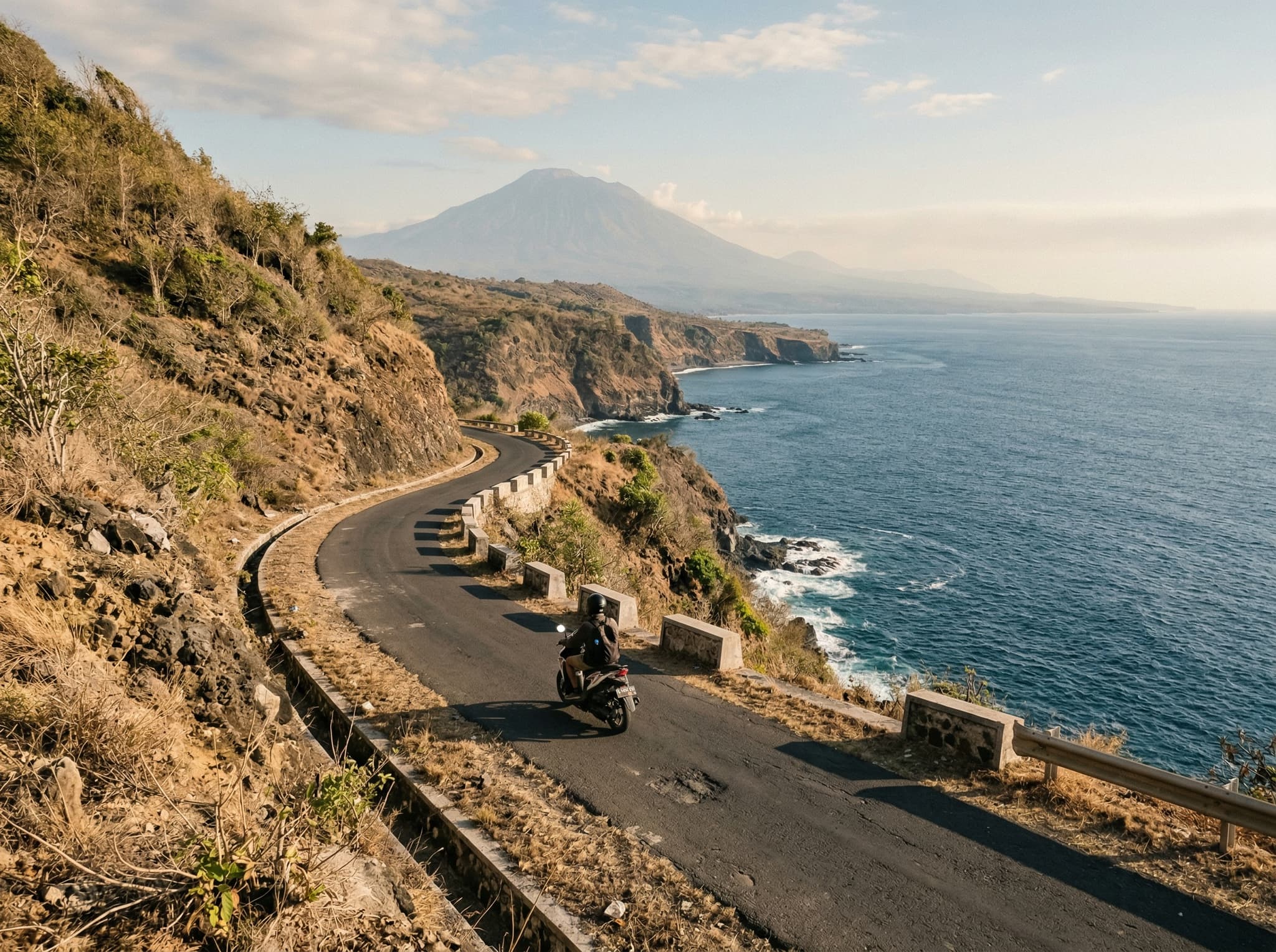 The narrow coast road winding between headlands in Amed, east Bali — a scooter rider navigating the dry volcanic landscape with the sea visible below, capturing the slow, self-directed travel pace the article recommends.