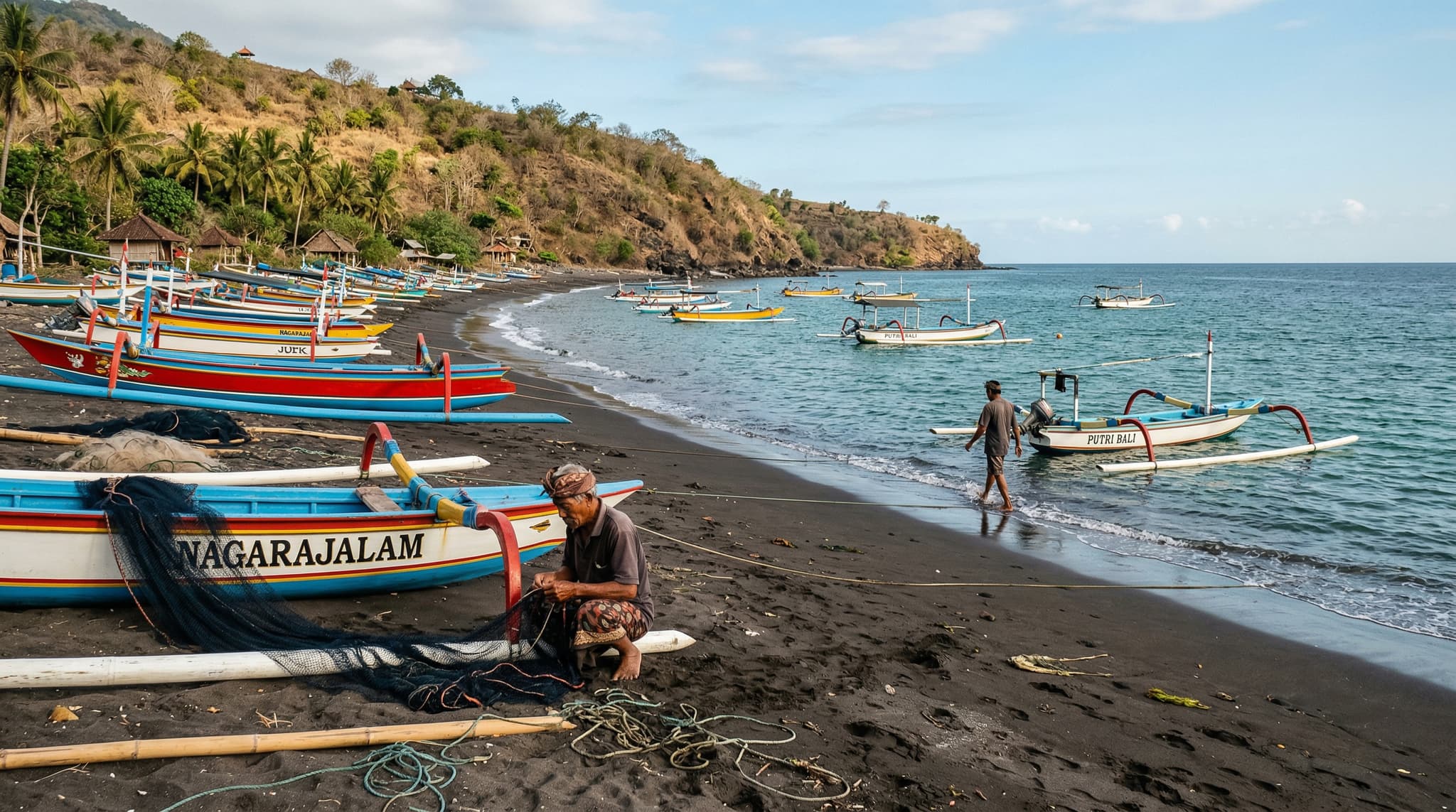 Black volcanic sand beach at Amed, east Bali, with traditional jukung outrigger fishing boats resting at the shoreline and the deep blue of the Lombok Strait stretching to the horizon — establishing the quiet, working-village character of Bali's eastern coast as described in the article.