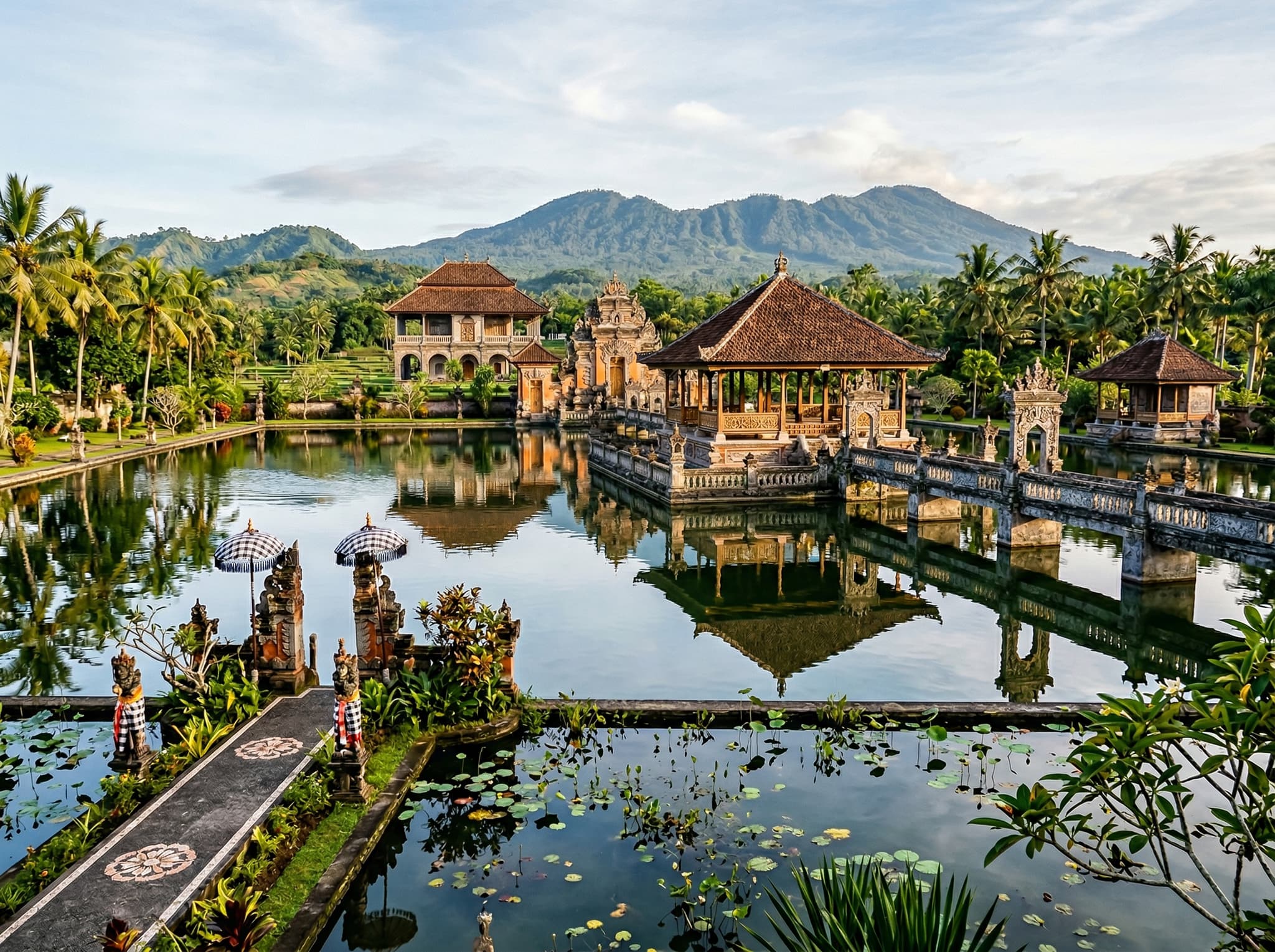Taman Ujung water palace near Tirta Gangga, east Bali — ornate Balinese royal architecture reflected in still pools, recommended in the article as a day trip from Amed best visited before the tour buses arrive.