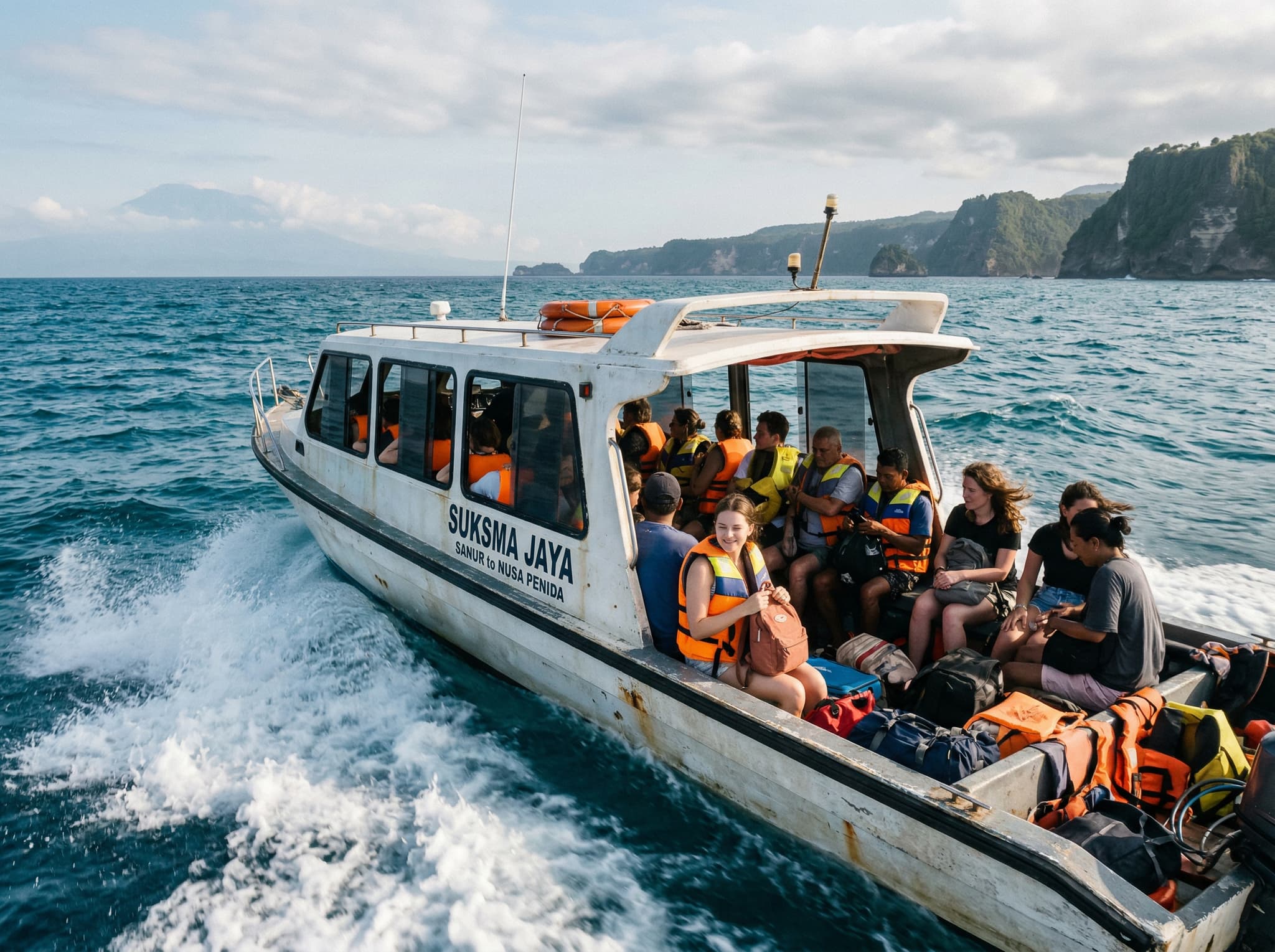 A speedboat crossing from Sanur harbor, Bali toward Nusa Penida — passengers on a fast boat over open water, conveying the 35–45 minute sea crossing that is the only way to reach the island and the starting point of any Kelingking visit