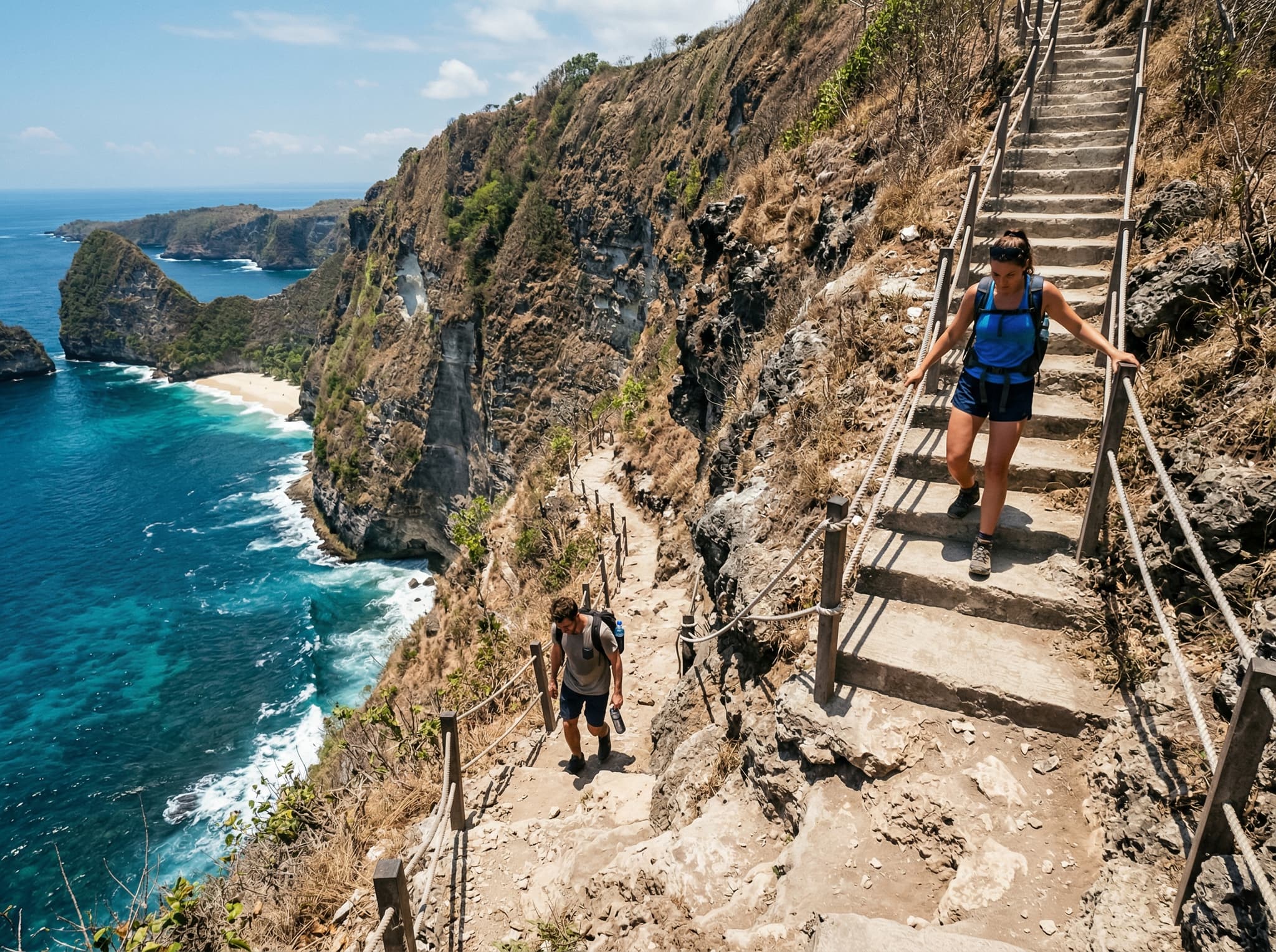 The steep descent trail from the Kelingking Beach viewpoint to the beach below — concrete steps and rope handrails give way to loose dirt and exposed rock, showing the physical challenge the article warns hikers to assess honestly before attempting