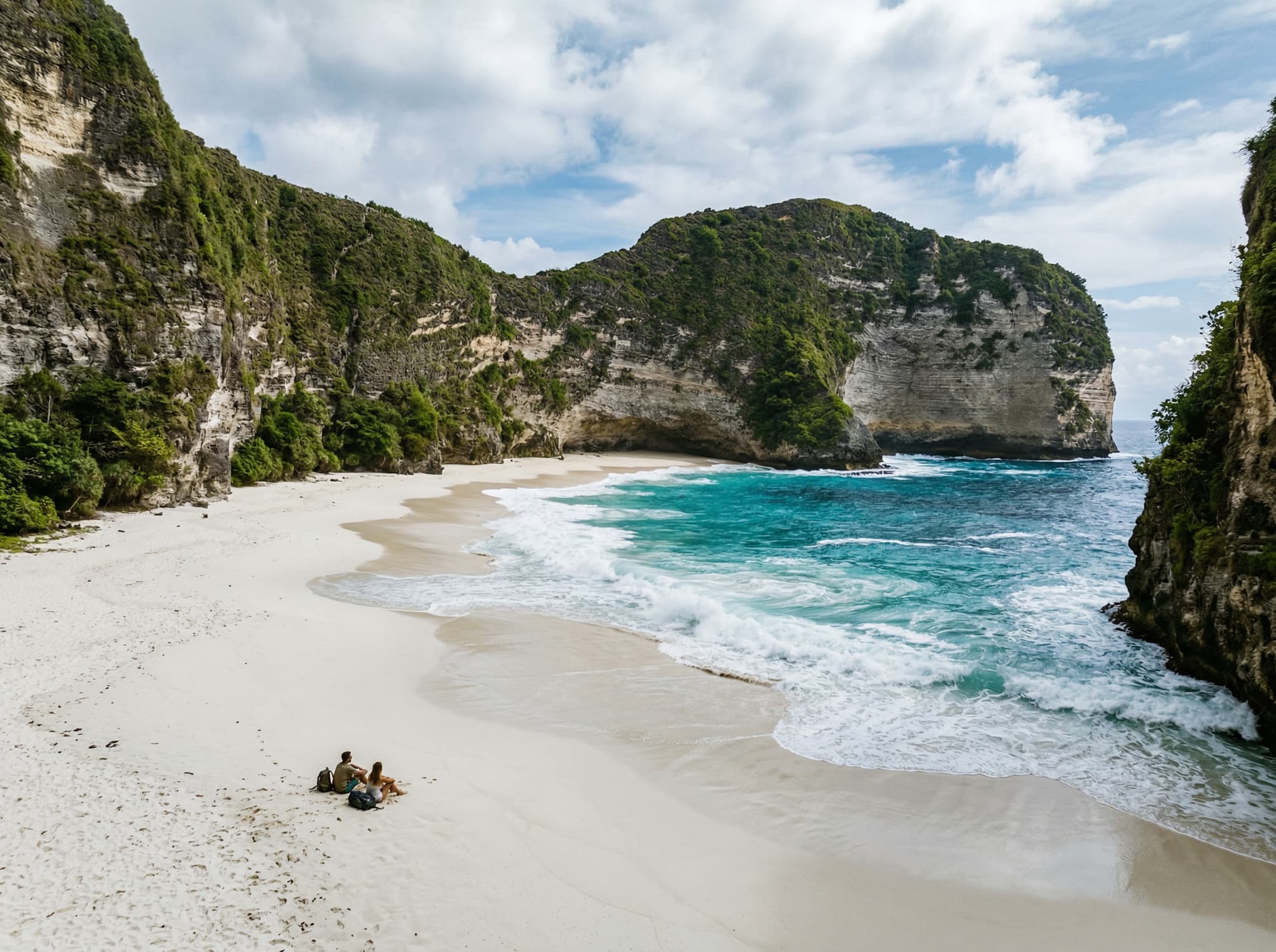 Kelingking Beach at sand level — the long crescent of white sand backed by towering limestone cliffs, seen from the beach itself rather than from above, showing the remote and unserviced beauty that rewards those who complete the descent