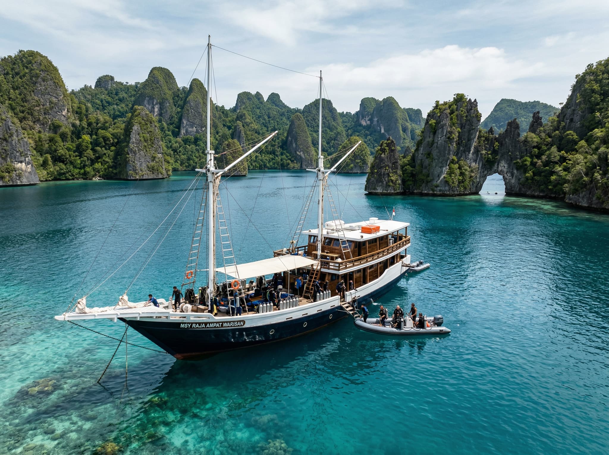 A liveaboard dive vessel anchored among the remote islands of Raja Ampat's Misool region, with karst formations in the background — illustrating the primary way divers access Boo Window and the logistical commitment required to reach this remote destination.