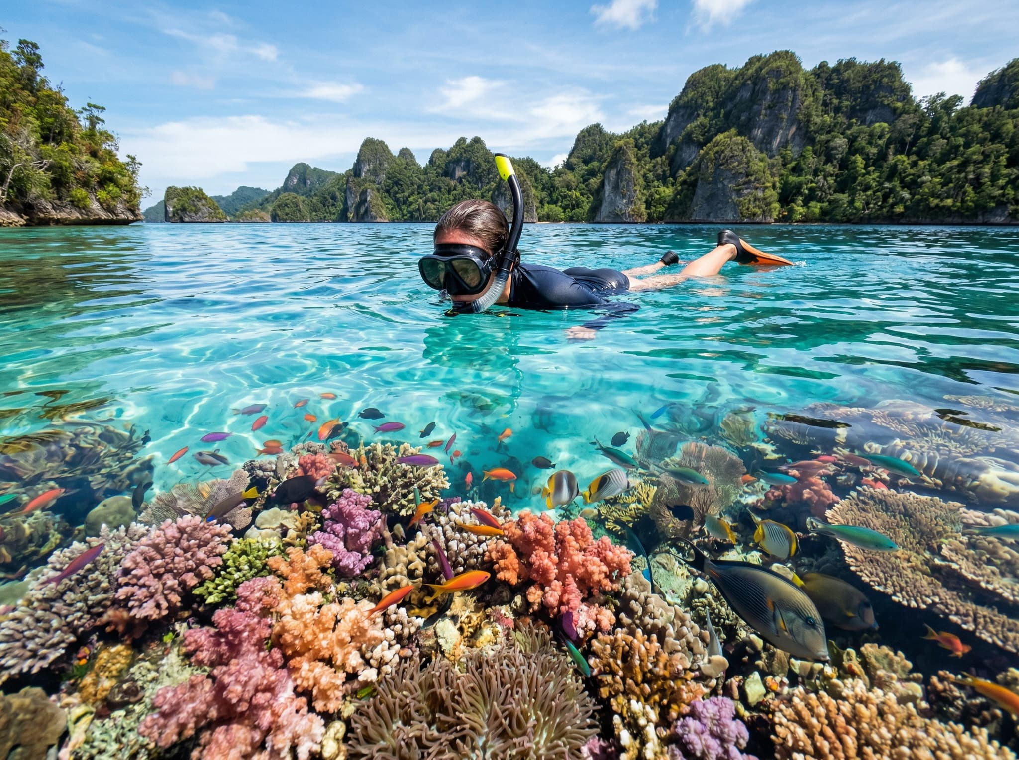 A snorkeler floating above a shallow coral reef in Raja Ampat, with soft corals and reef fish visible just below the surface — illustrating that Boo Window's top reef, starting at 2–3 meters, is accessible to non-divers and snorkelers as well.