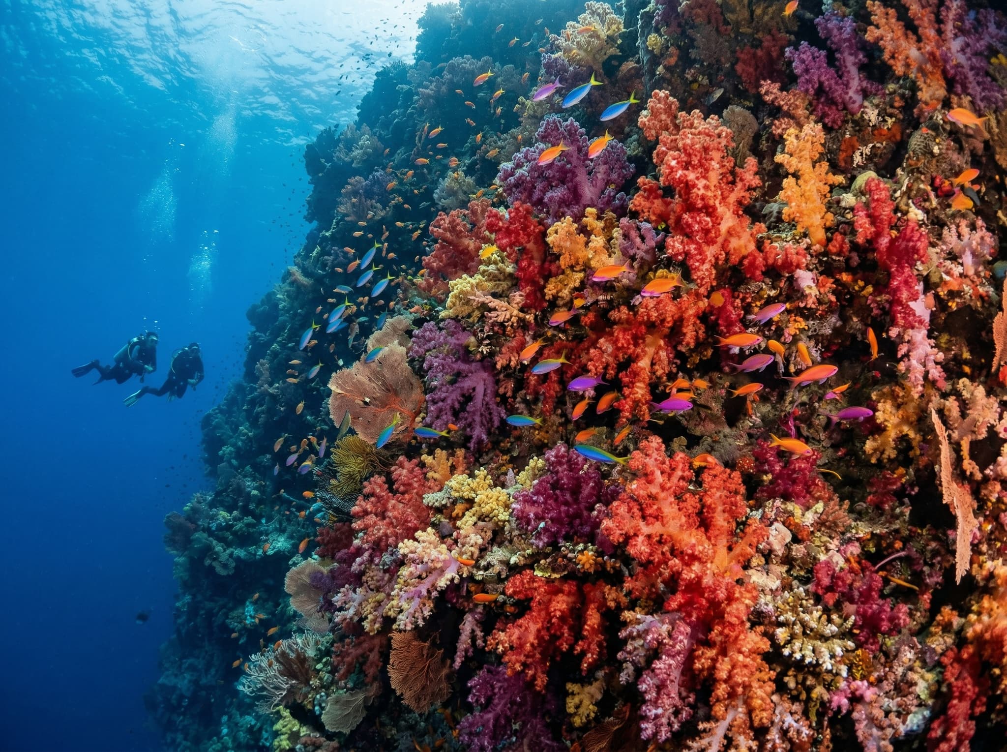 Dense soft coral growth along the reef wall at Boo Window, Raja Ampat — Dendronephthya corals in vivid reds, oranges, and purples stacked in layers, illustrating the extraordinary coral density that makes this site one of the most biodiverse in the Coral Triangle.