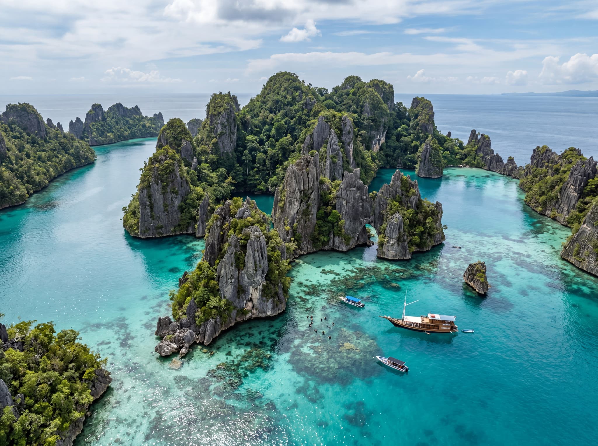 Aerial or surface view of the dramatic karst limestone formations of Boo Island in Raja Ampat's Misool region — jagged rock covered in tropical vegetation rising from turquoise water, conveying the prehistoric landscape that surrounds the dive site above the waterline.