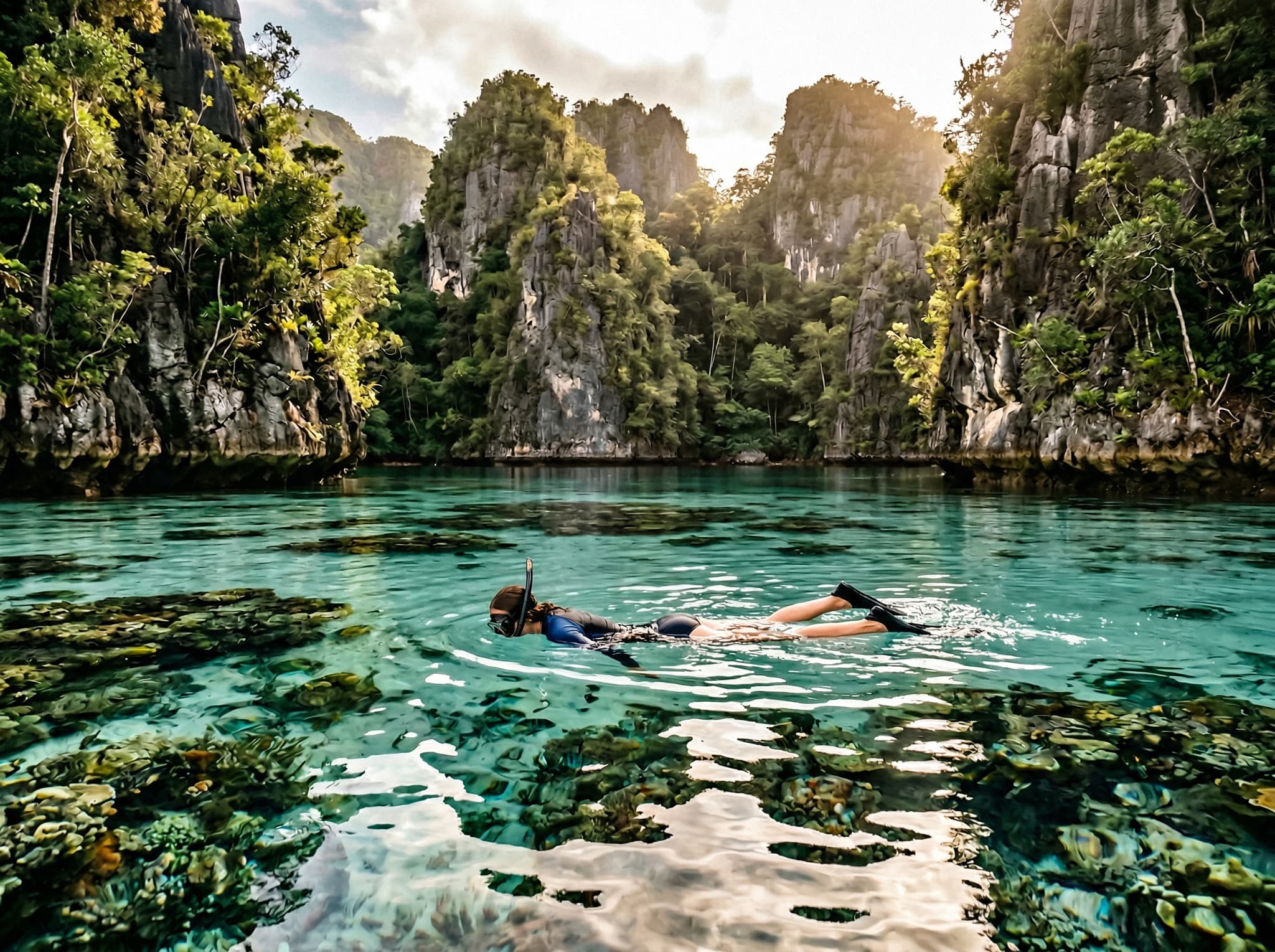 A diver or snorkeler floating in a shallow, sunlit karst lagoon in Misool, Raja Ampat — capturing the sense of solitude and discovery the article's closing paragraphs describe as the defining experience of the destination