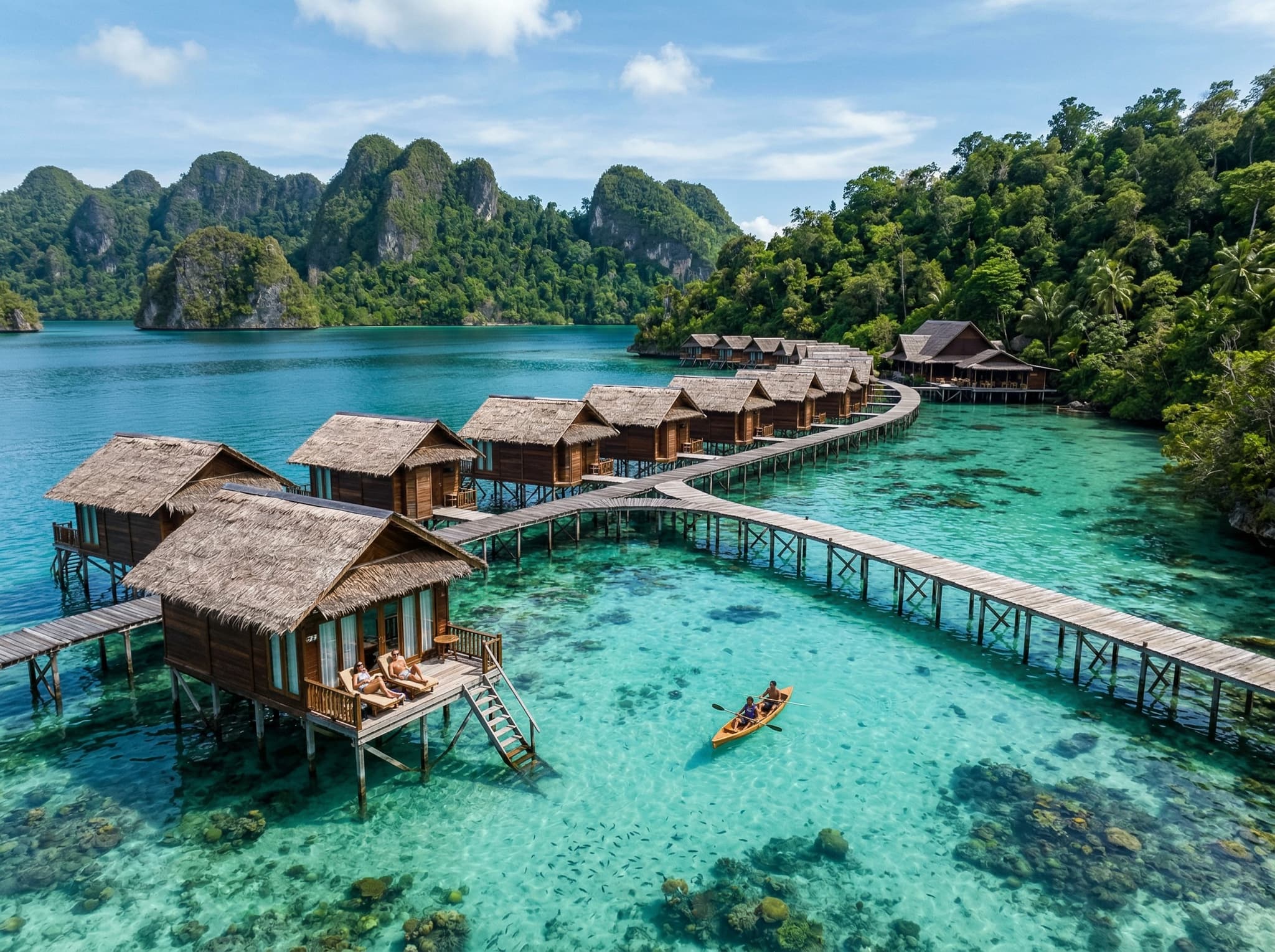 Misool Eco Resort over-water bungalows on stilts above clear water in Raja Ampat — the high-end eco-resort the article describes as the most established accommodation option and the organization funding the no-take marine zone