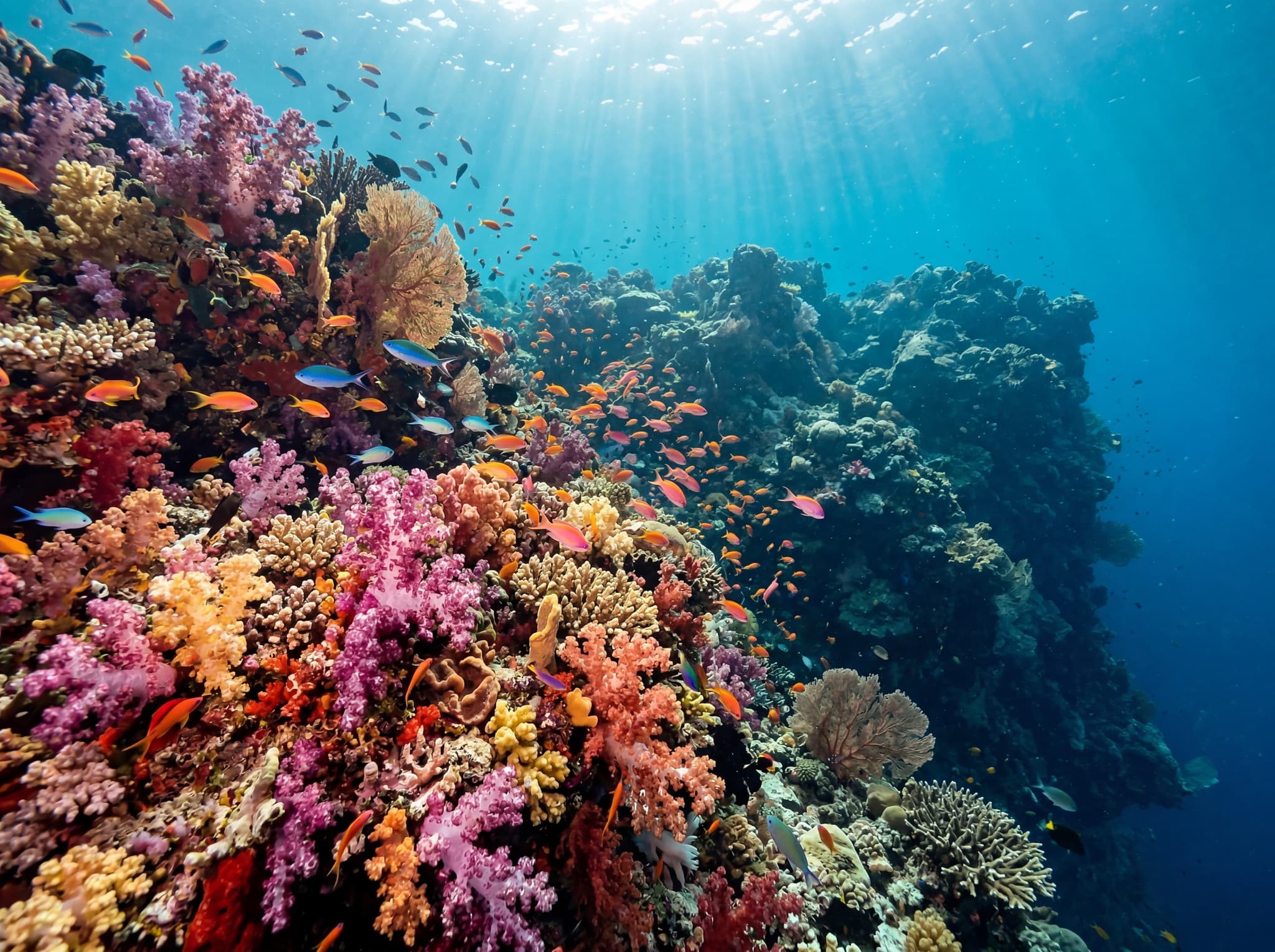 Underwater view of dense, healthy soft coral reef in Misool, Raja Ampat — representing the biodiverse reef systems the article identifies as the primary reason to make the journey south