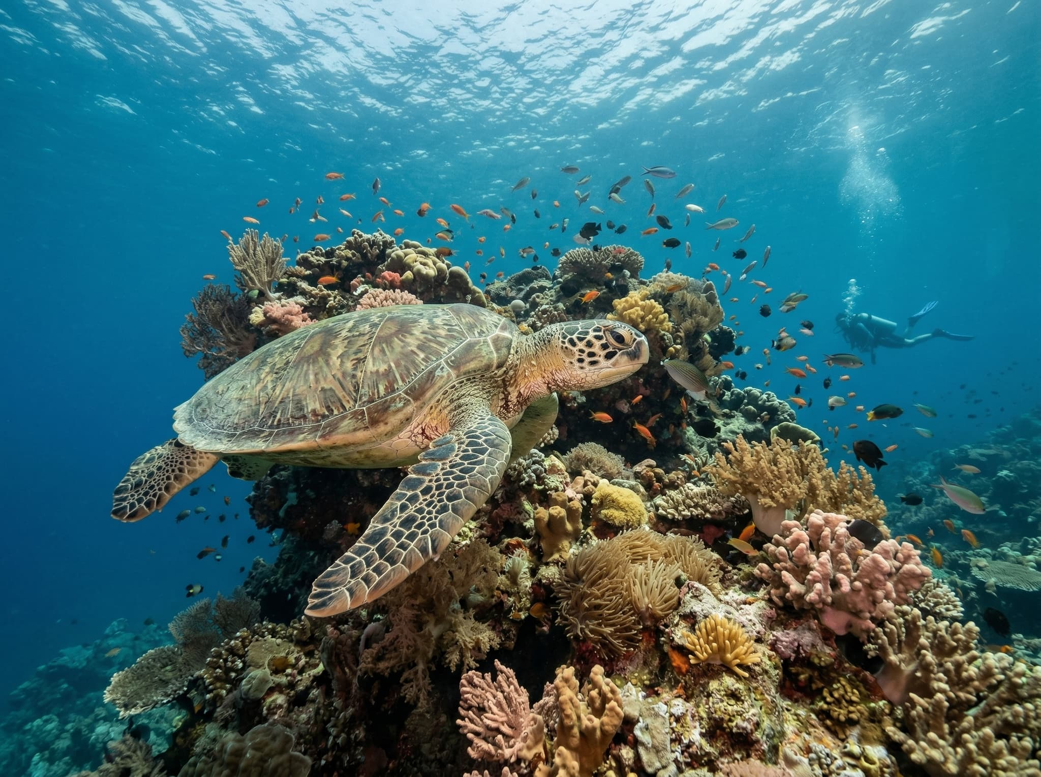 A green or hawksbill sea turtle resting on or cruising near a coral reef structure in the Gili Islands, Indonesia — supporting the article's claim that turtle encounters on the Bounty wreck are near-certain on most dives