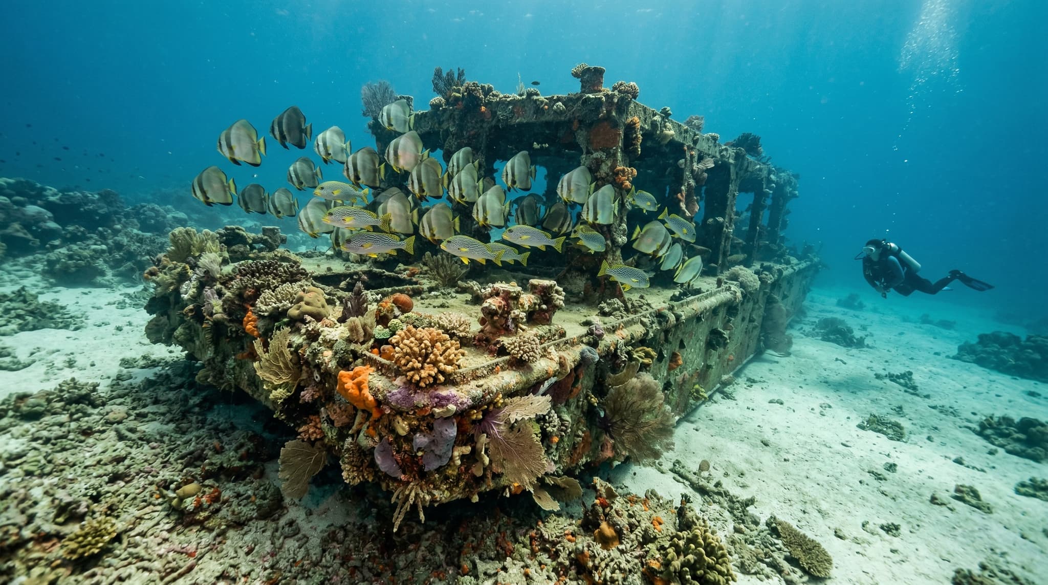An underwater view of the Bounty wreck off Gili Trawangan, Indonesia — a coral-encrusted cargo pontoon structure at around 18–24 meters depth, with soft corals, sea fans, and schooling fish surrounding the artificial reef, illustrating the accessible wreck dive that is the article's subject