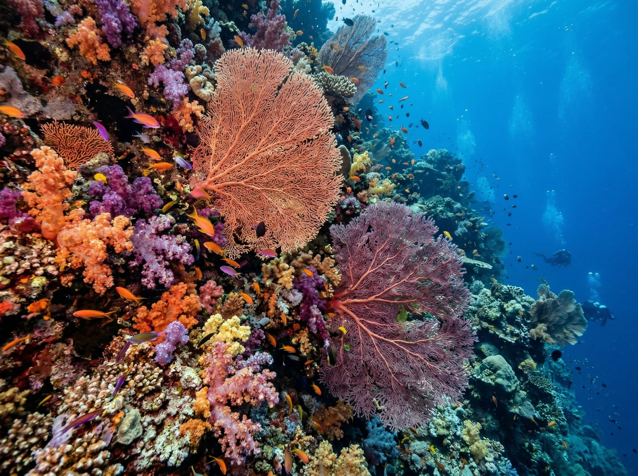 Close-up underwater shot of dense soft coral growth and large gorgonian sea fans on a Raja Ampat reef wall, representing the extraordinary marine biodiversity that makes Friwen Wall ecologically significant and visually unlike most dive sites.