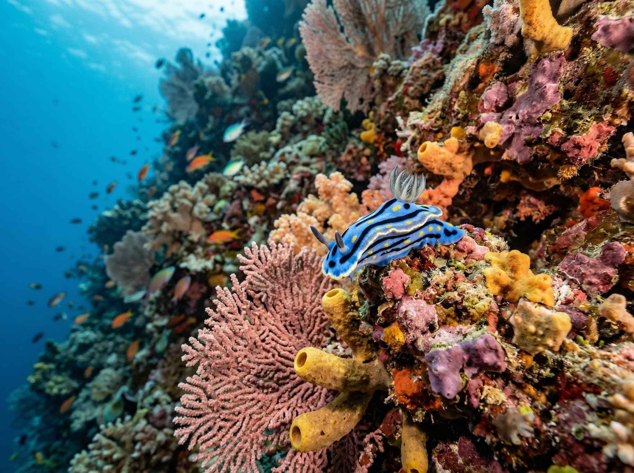 An underwater macro shot of a nudibranch or pygmy seahorse on coral in Raja Ampat, representing the small-creature rewards the article highlights for macro photographers exploring Friwen Wall's crevices.