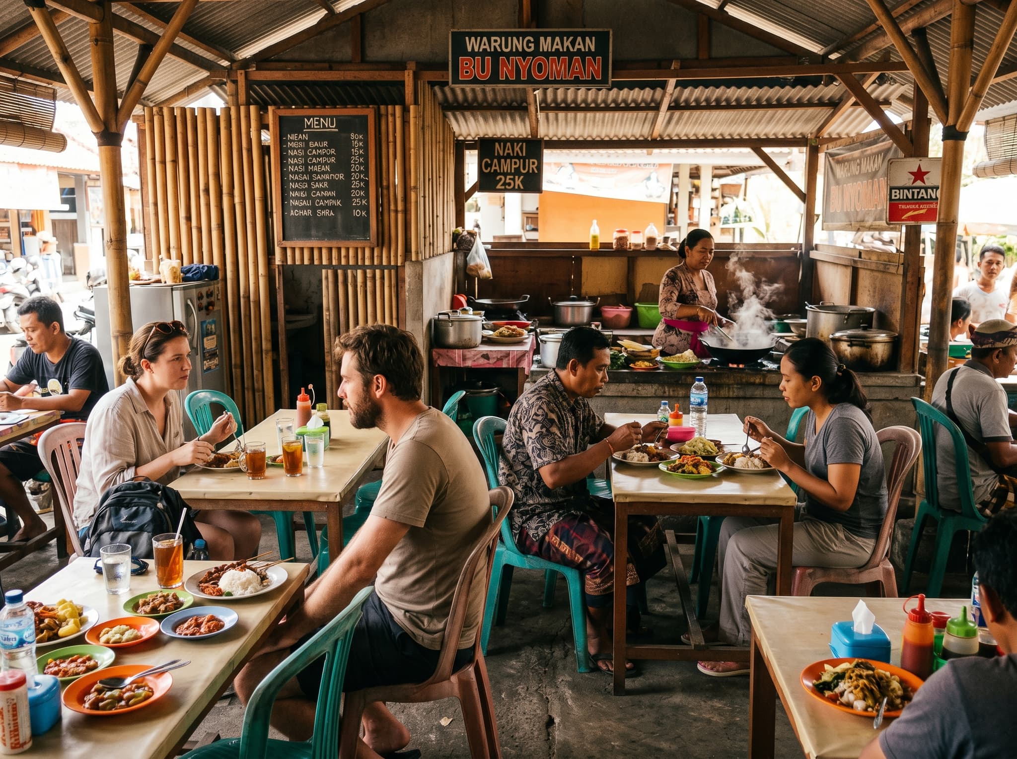 A mixed crowd of local Balinese workers and long-stay expats eating together at simple tables in an open-air warung in Ubud — illustrating the rare, unself-conscious mix of diners that makes Yellow Flower Cafe distinct from tourist-facing restaurants in the area