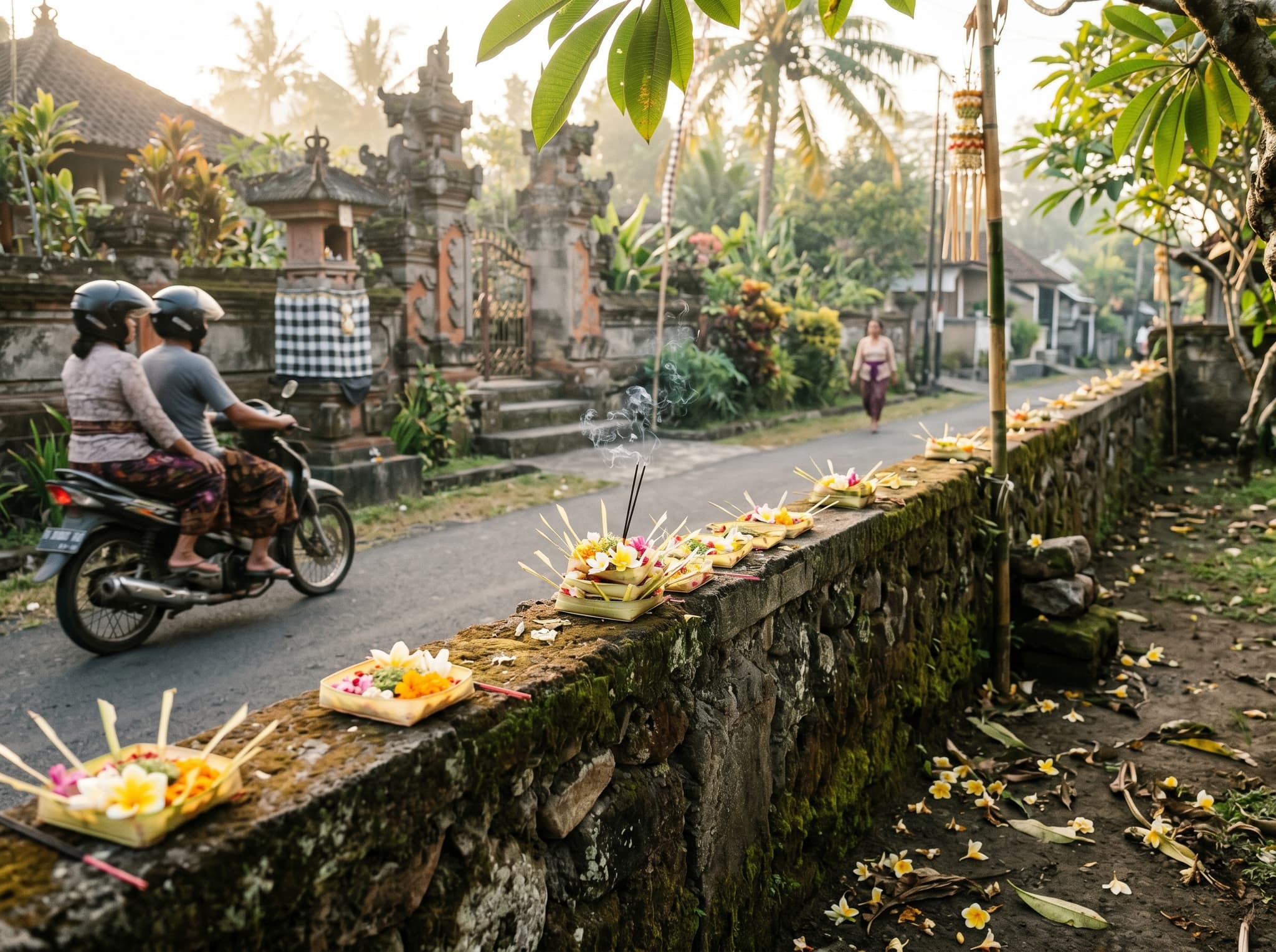 A Balinese roadside scene on Jalan Pengosekan near the Agung Rai Museum of Art in Ubud — temple offerings on a low wall, incense smoke, and frangipani flowers on the ground, capturing the unscripted texture of the neighborhood described in the article's closing section