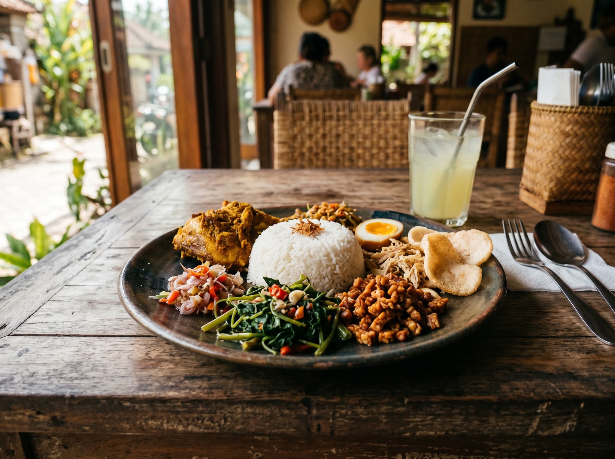 A plate of nasi campur — the Indonesian mixed rice dish that best represents warung cooking — with small portions of sambal, tempeh, vegetables, and krupuk arranged around a mound of white rice, illustrating the honest home-style food served at Yellow Flower Cafe