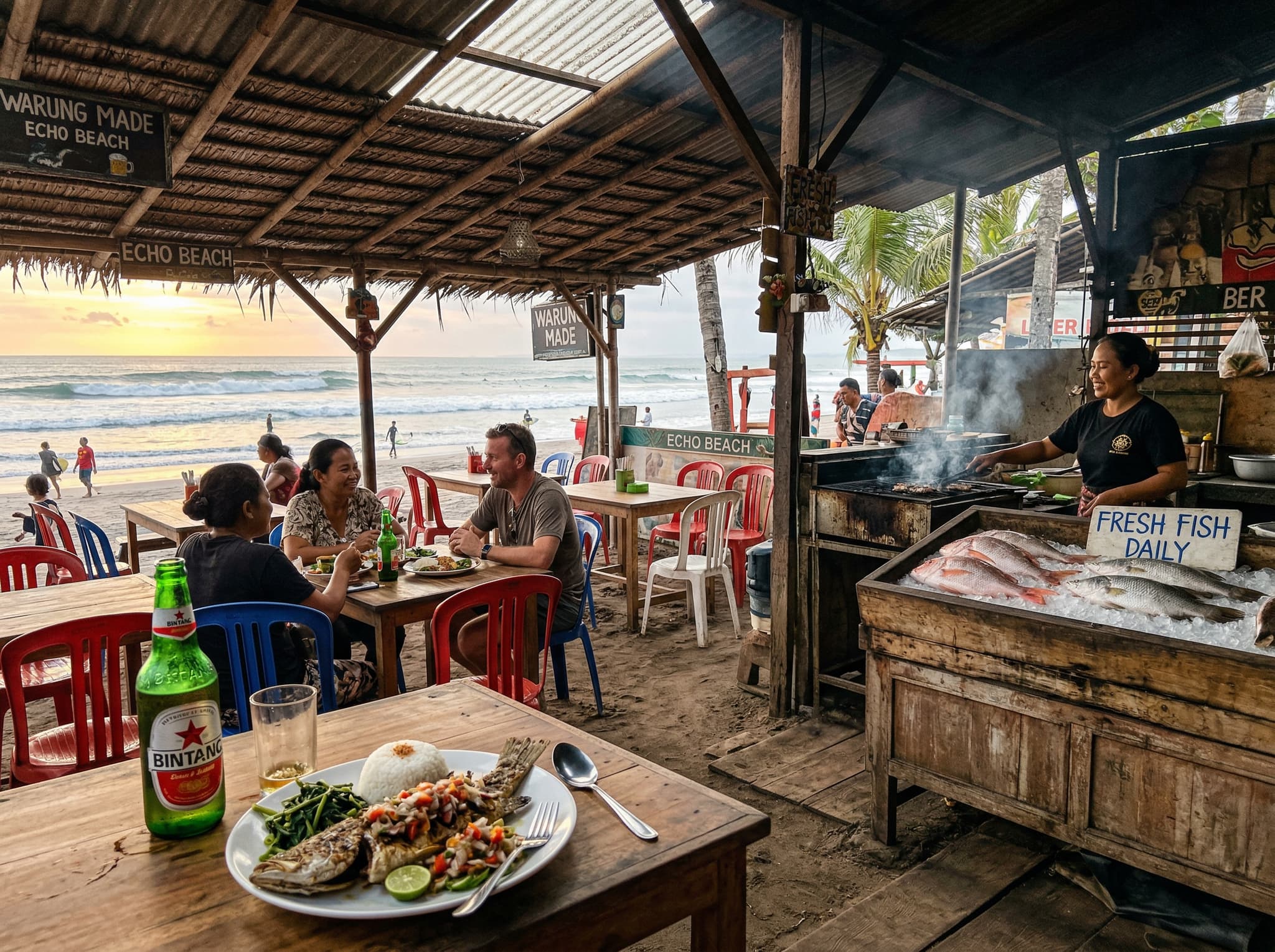 Open-air warung on Echo Beach serving grilled seafood — plastic chairs, cold Bintang beer, and fresh fish displayed on ice, representing the affordable local dining culture that the article identifies as the beach's best food option