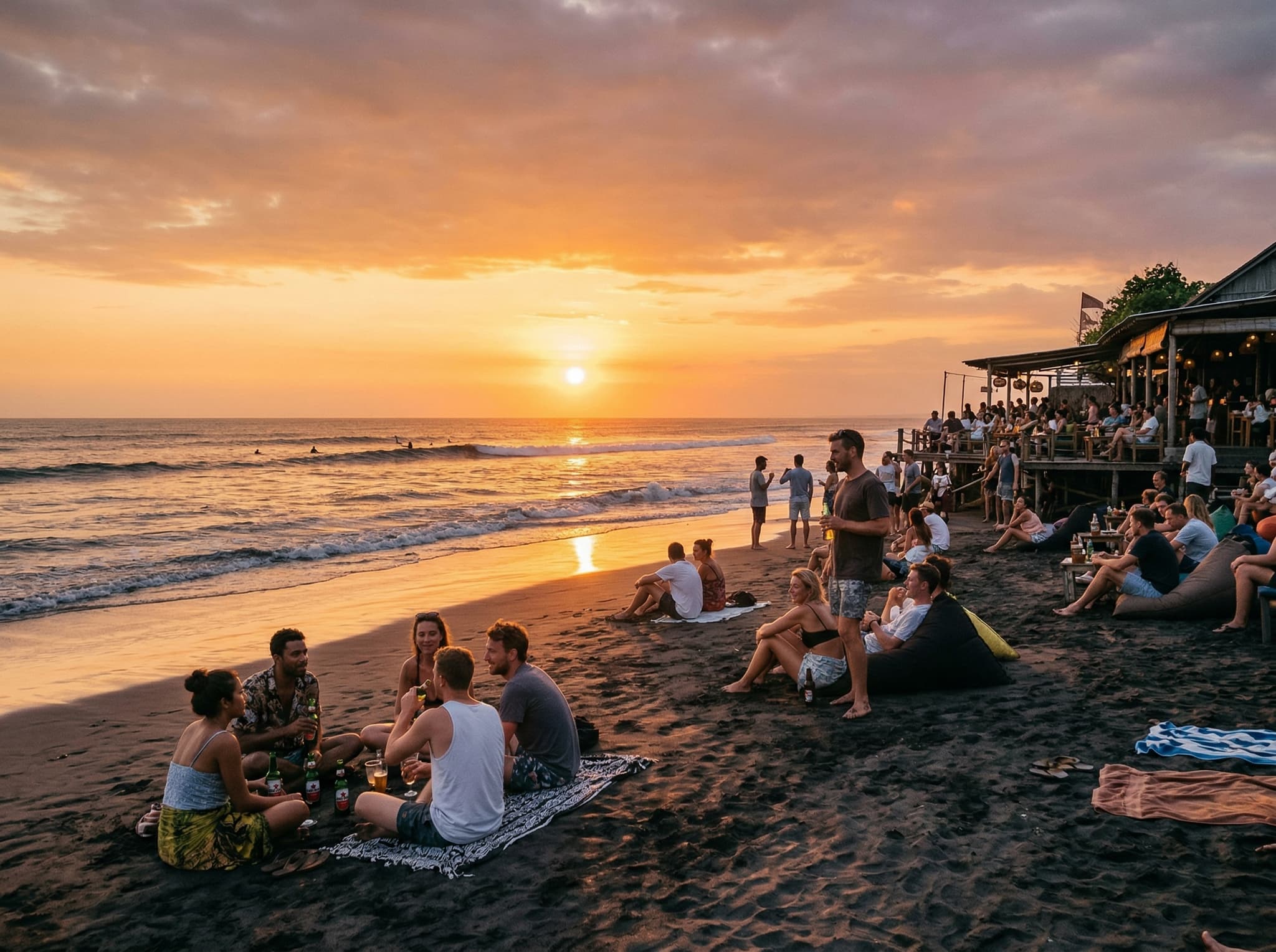 The sunset scene at Echo Beach Canggu — crowds gathered on the black sand beach as the sun drops into the Indian Ocean, with warung terraces full and golden light across the water, capturing the popular evening atmosphere the article describes honestly