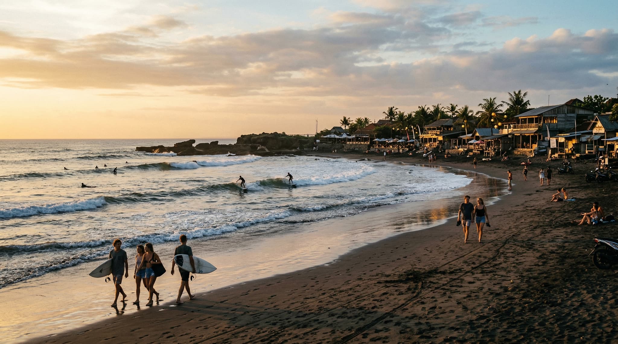 Echo Beach in Canggu, Bali — black volcanic sand shoreline with surfers in the water and a dramatic sunset sky, illustrating the beach's reputation as both a serious surf break and a popular evening destination