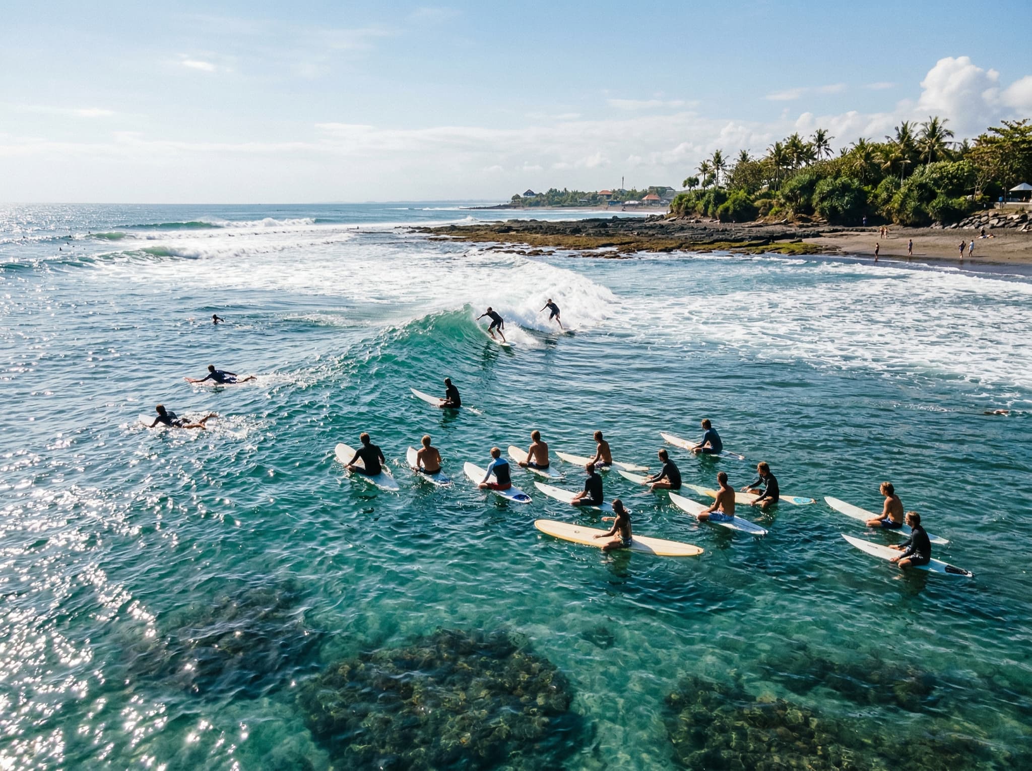 Surfers in the lineup at Echo Beach Canggu, waiting for sets on the left-hand reef break — capturing the competitive, crowded nature of the wave that the article warns intermediate and advanced surfers to expect