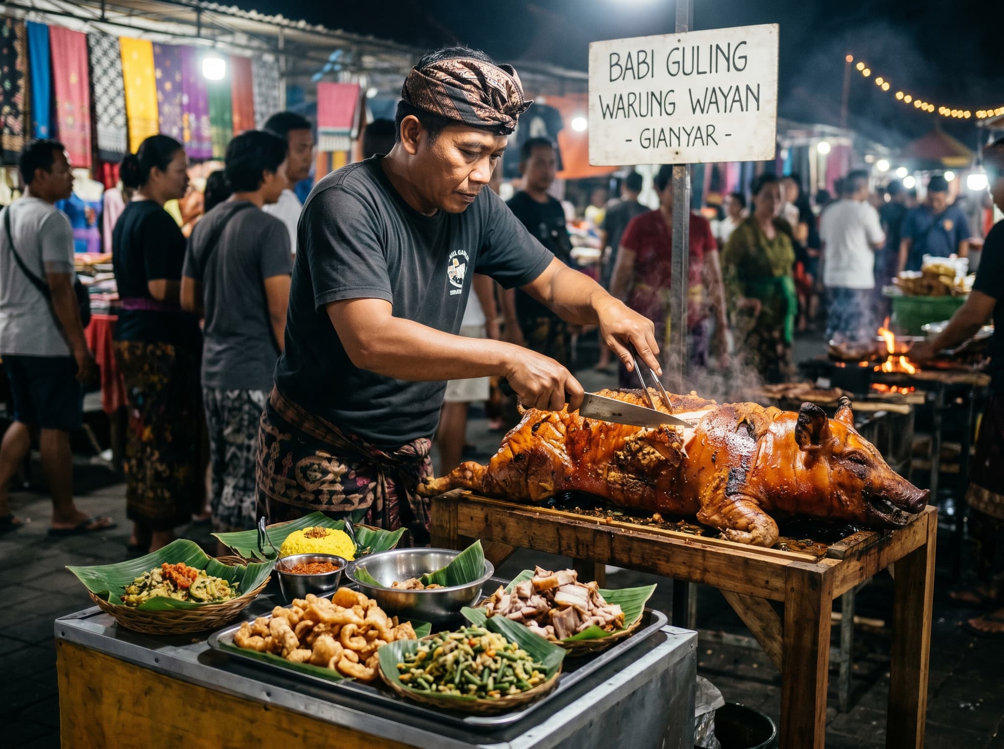 Babi guling — Bali's spit-roasted whole pig — being carved or served at a night market stall, showing the signature crispy skin, spiced stuffing, and rice plate that anchors the Gianyar Night Market food offering