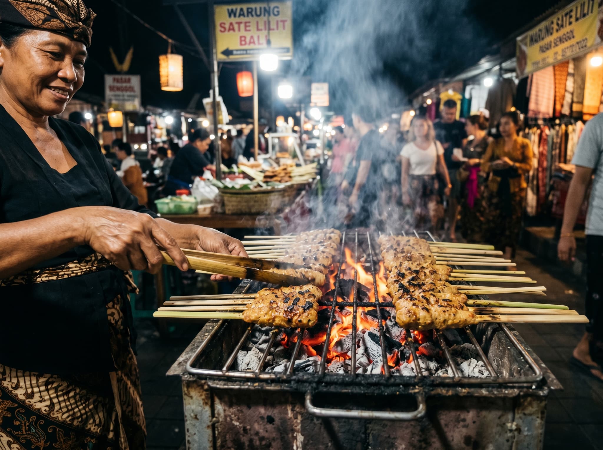 Sate lilit — Balinese minced pork and coconut pressed onto lemongrass skewers — grilling over charcoal at a Gianyar Night Market stall, illustrating the dish's distinctive preparation and fragrant char