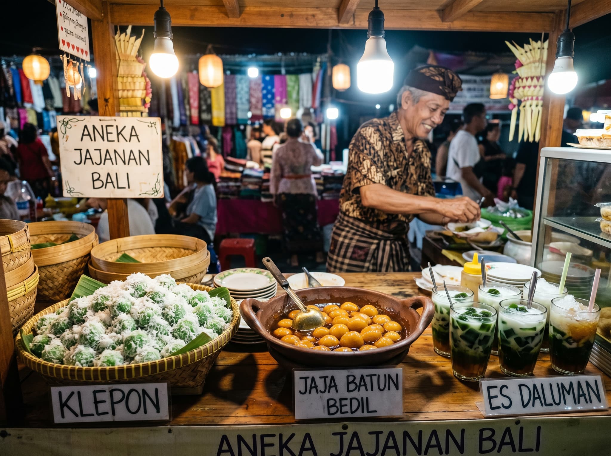 Balinese dessert and sweet snack stalls at the back section of Gianyar Night Market — klepon pandan rice balls, jaja batun bedil, and es daluman green jelly drinks displayed under market lighting, representing the quieter rear section of the market