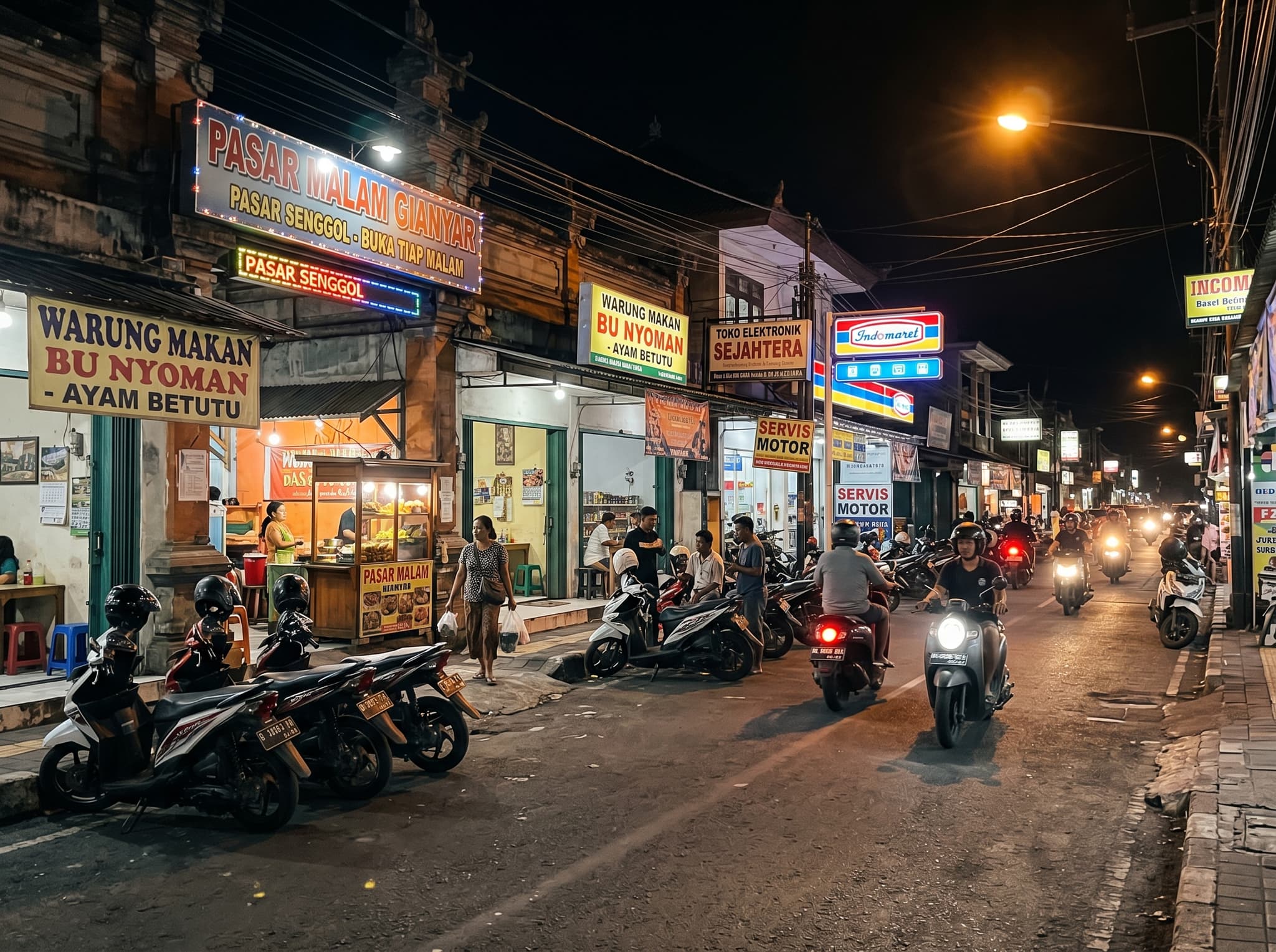 Street-level view of Jalan Ngurah Rai in Gianyar town at night — motorbikes parked along the road outside the market entrance, showing the local neighborhood context and how visitors arrive at Gianyar Night Market