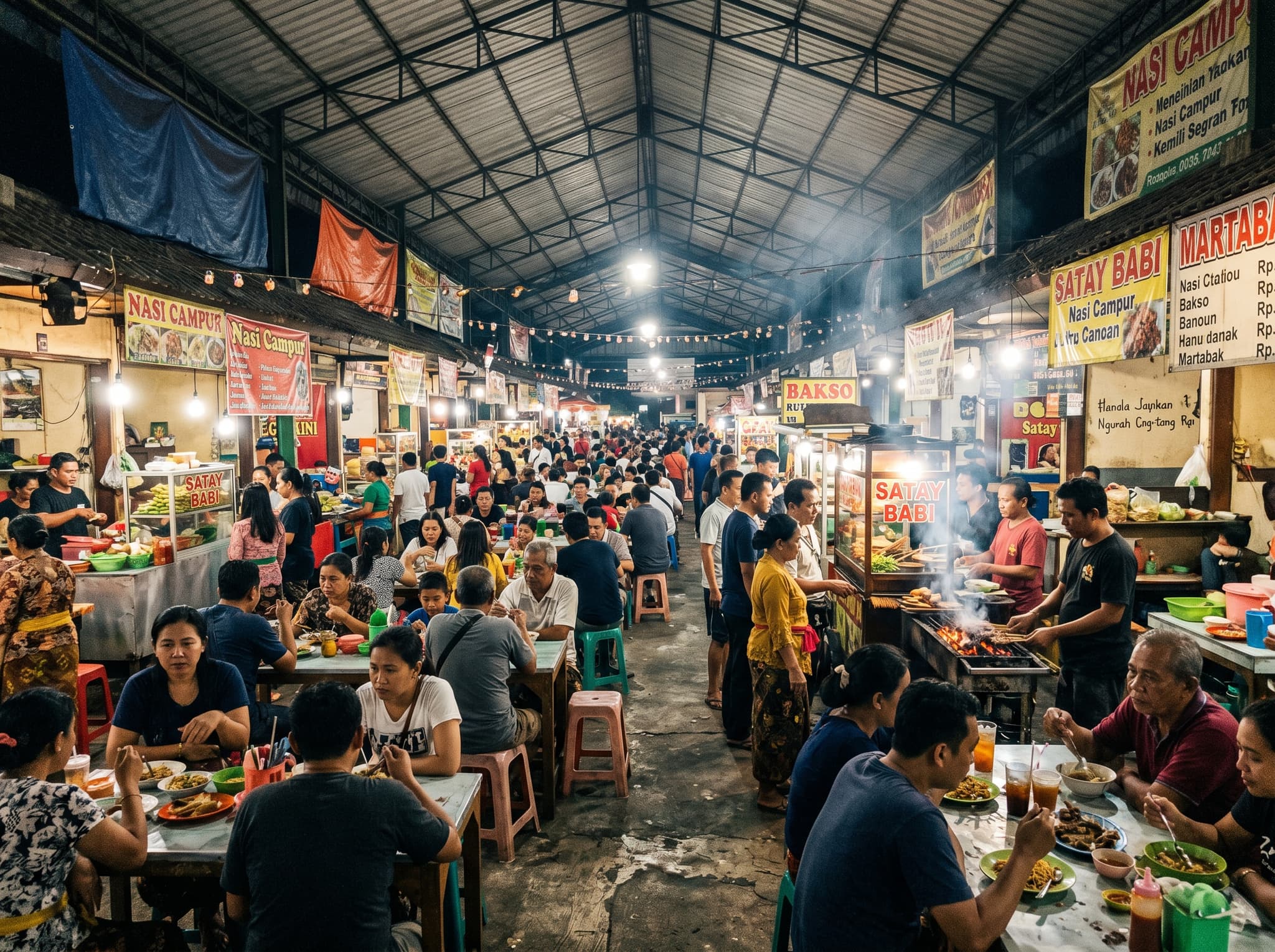 The interior layout of Gianyar Night Market — food stalls lining the perimeter of the covered hall, communal plastic tables and stools filling the center, locals navigating the crowded space on a busy evening