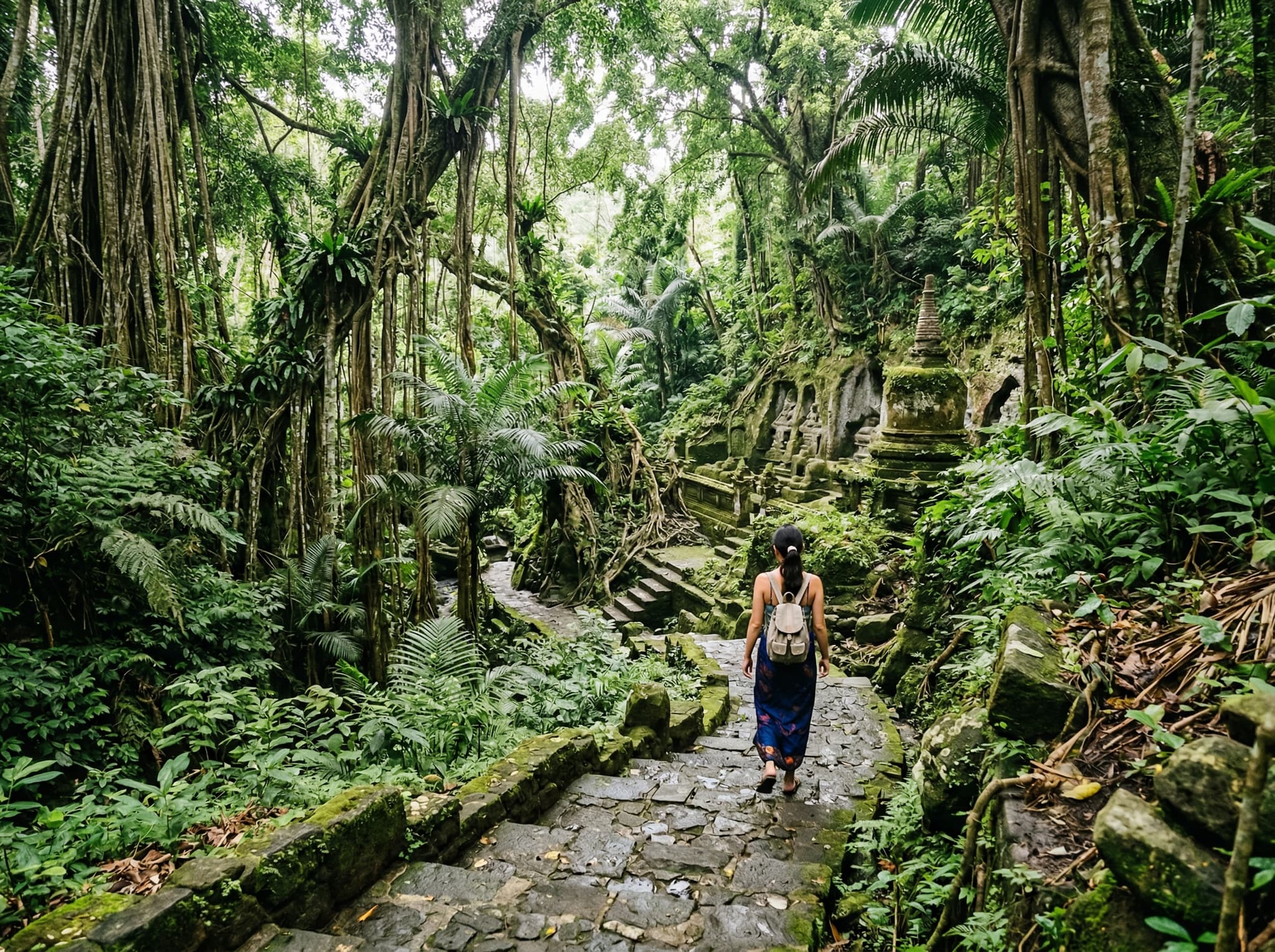 The shaded river valley grounds below Goa Gajah's main courtyard, Bali — stone paths winding beneath massive banyan trees lead to Buddhist rock-cut reliefs and crumbling stupas along the Petanu River, the quieter and less-visited lower section of the ancient Hindu-Buddhist sanctuary