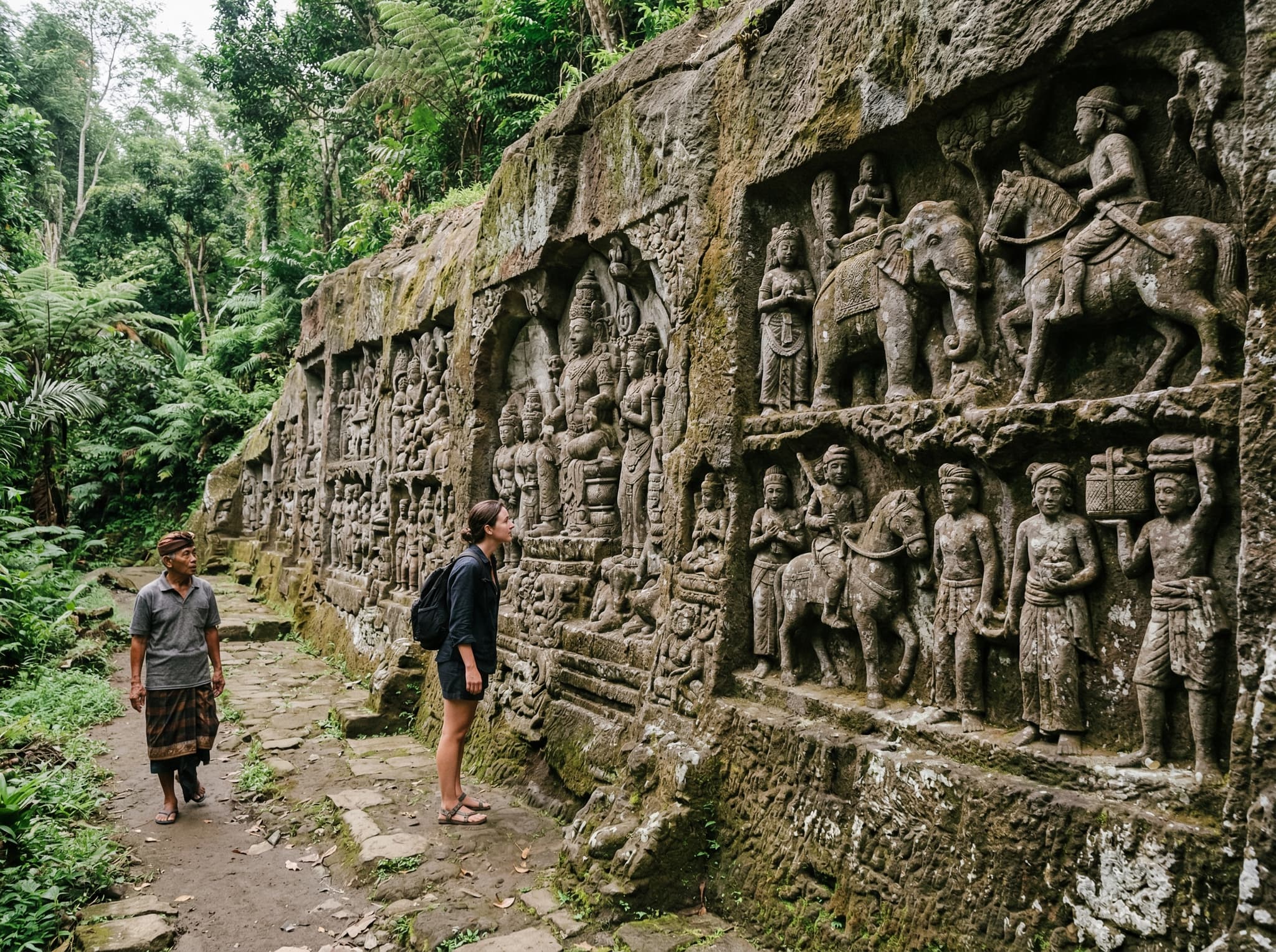 Yeh Pulu carved rock relief near Ubud, Bali — a 25-meter continuous stone carving depicting scenes of daily life and Hindu mythology cut into a cliff face, reachable by a walk through rice paddies from Goa Gajah and recommended as a paired half-day visit