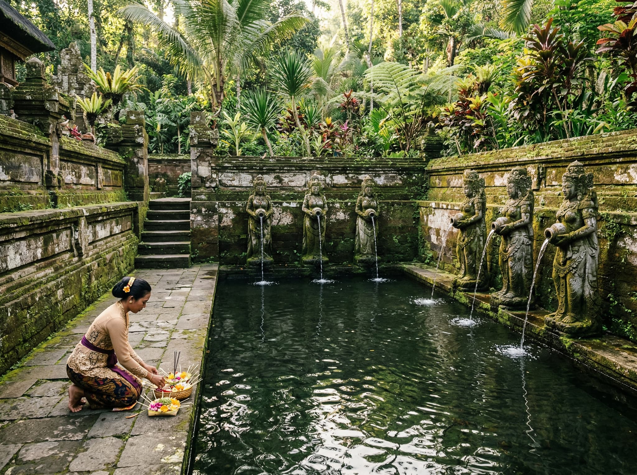 The ancient bathing pools at Goa Gajah, Bali — six carved stone female figures holding water vessels flank a long rectangular ritual pool, rediscovered in 1954 after centuries buried under volcanic sediment, with water still flowing through the carved figures into the pool below