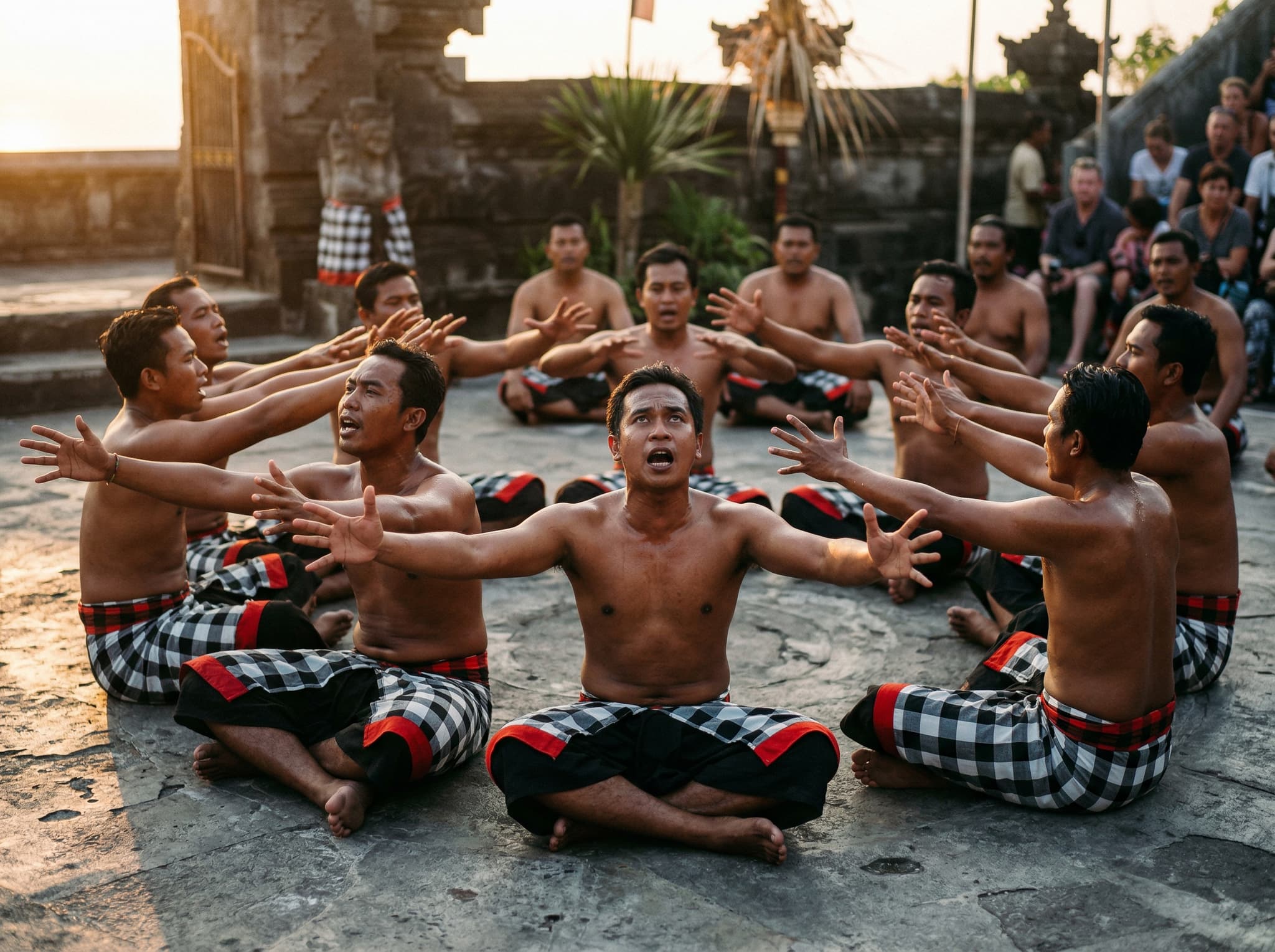 Close view of Kecak performers during the chant — shirtless Balinese men in checkered sarongs with arms outstretched and faces animated in mid-chant, showing the physical intensity and synchronized movement of the chorus that forms the entire orchestra of the performance