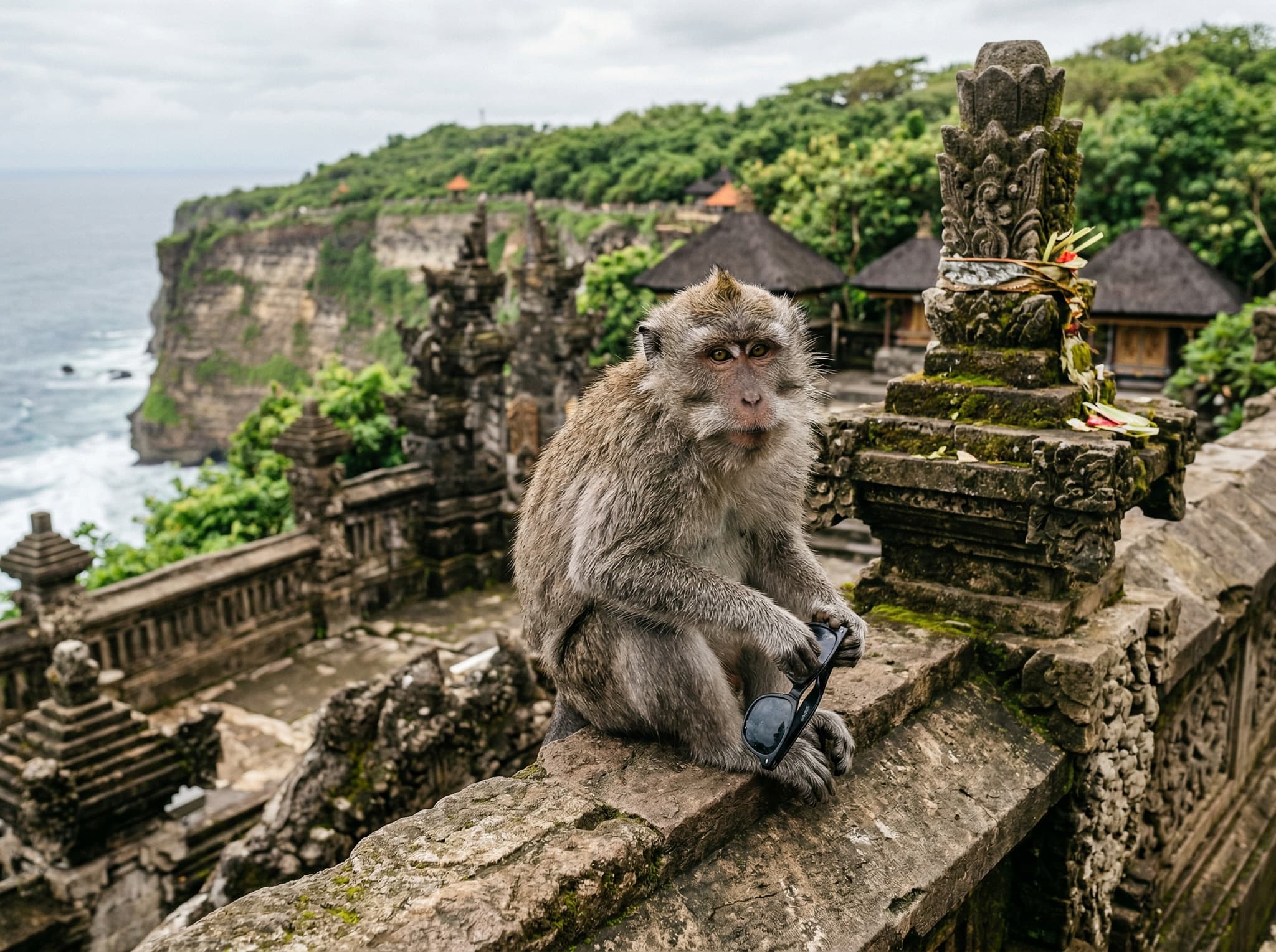 A long-tailed macaque at Uluwatu Temple grounds — one of the resident monkeys that live on the temple cliff, illustrating the article's warning about the organized theft behavior documented in scientific research and the practical advice given to visitors