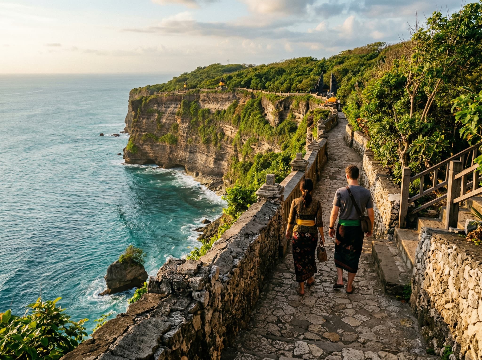 The cliff-edge path through the outer grounds of Pura Luhur Uluwatu Temple — visitors in sarongs walking a forested limestone path with the Indian Ocean visible through the trees, showing the actual visitor experience of the temple grounds before the Kecak performance