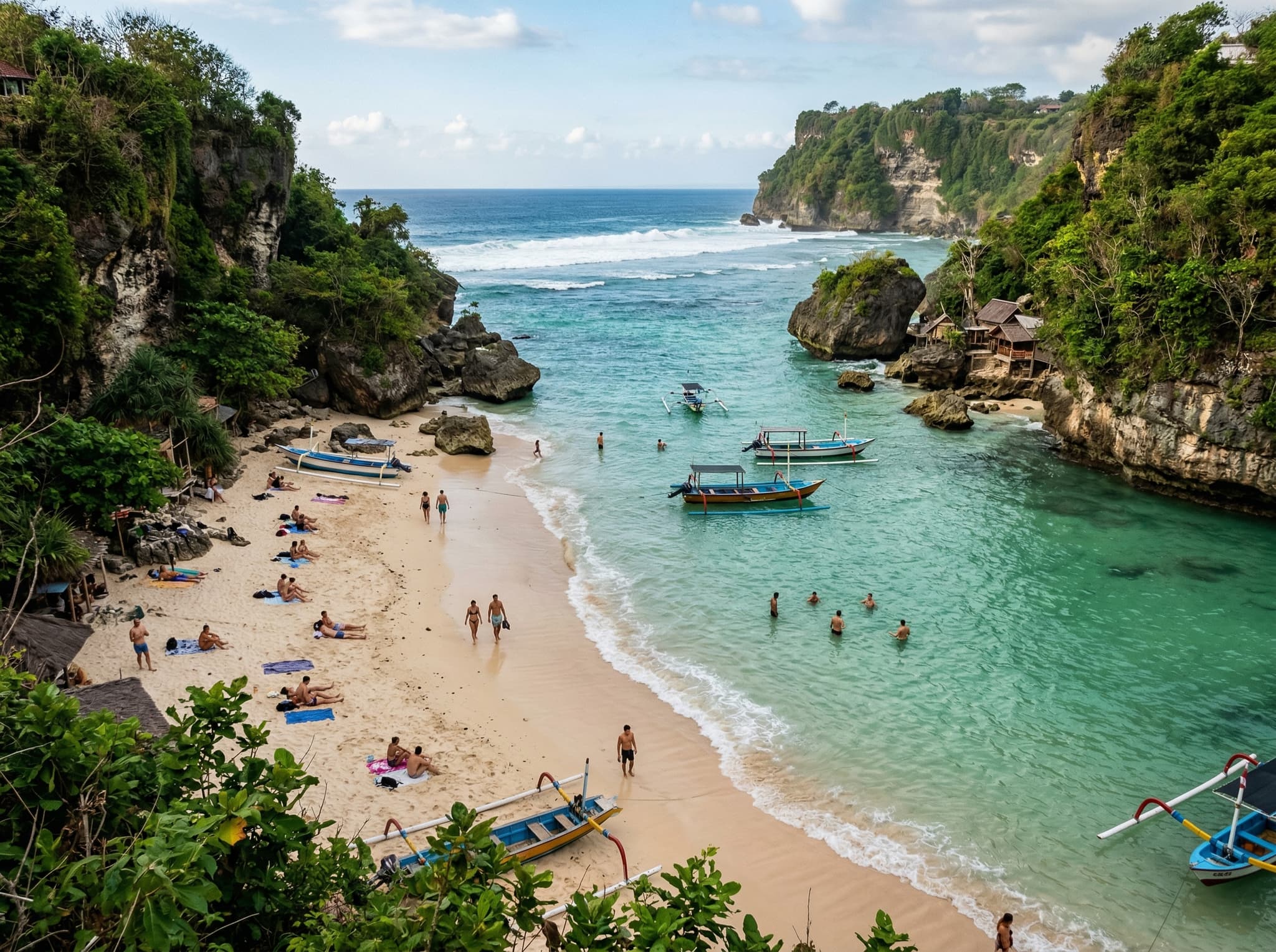 Padang Padang Beach on the Bukit Peninsula, Bali — the small sheltered cove with turquoise water and limestone cliffs recommended in the article as an afternoon stop before the Uluwatu sunset visit