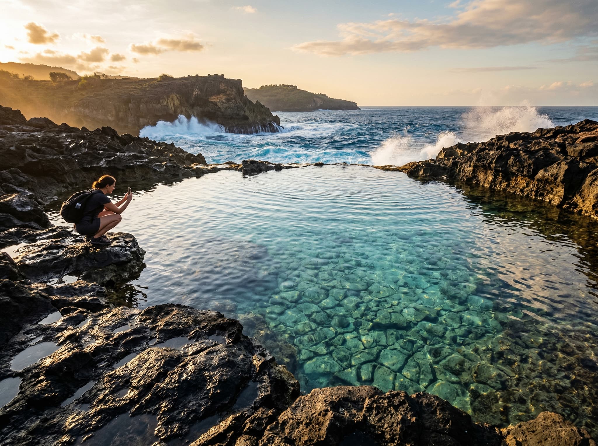 Ground-level view of Angel's Billabong tidal pool from the rock perimeter — looking across the clear shallow water toward the open Indian Ocean horizon, capturing the visual drama and isolation of the site that the article describes as genuinely beautiful despite its risks