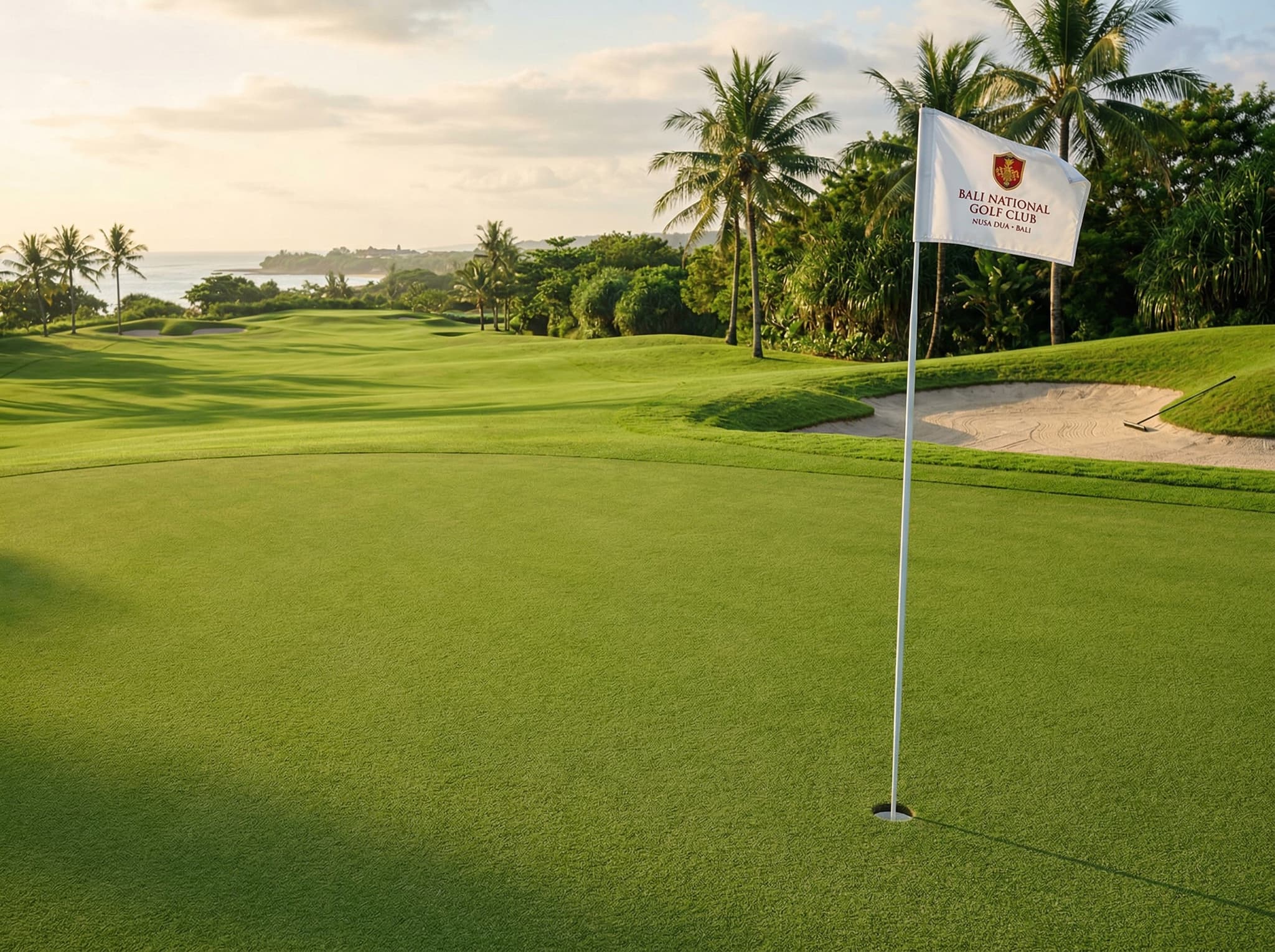 Close-up of a well-maintained golf green at Bali National Golf Club, showing the tight TifEagle Bermuda grass surface and a flagstick — supporting the article's central argument about the course's superior playing surfaces compared to other Bali options