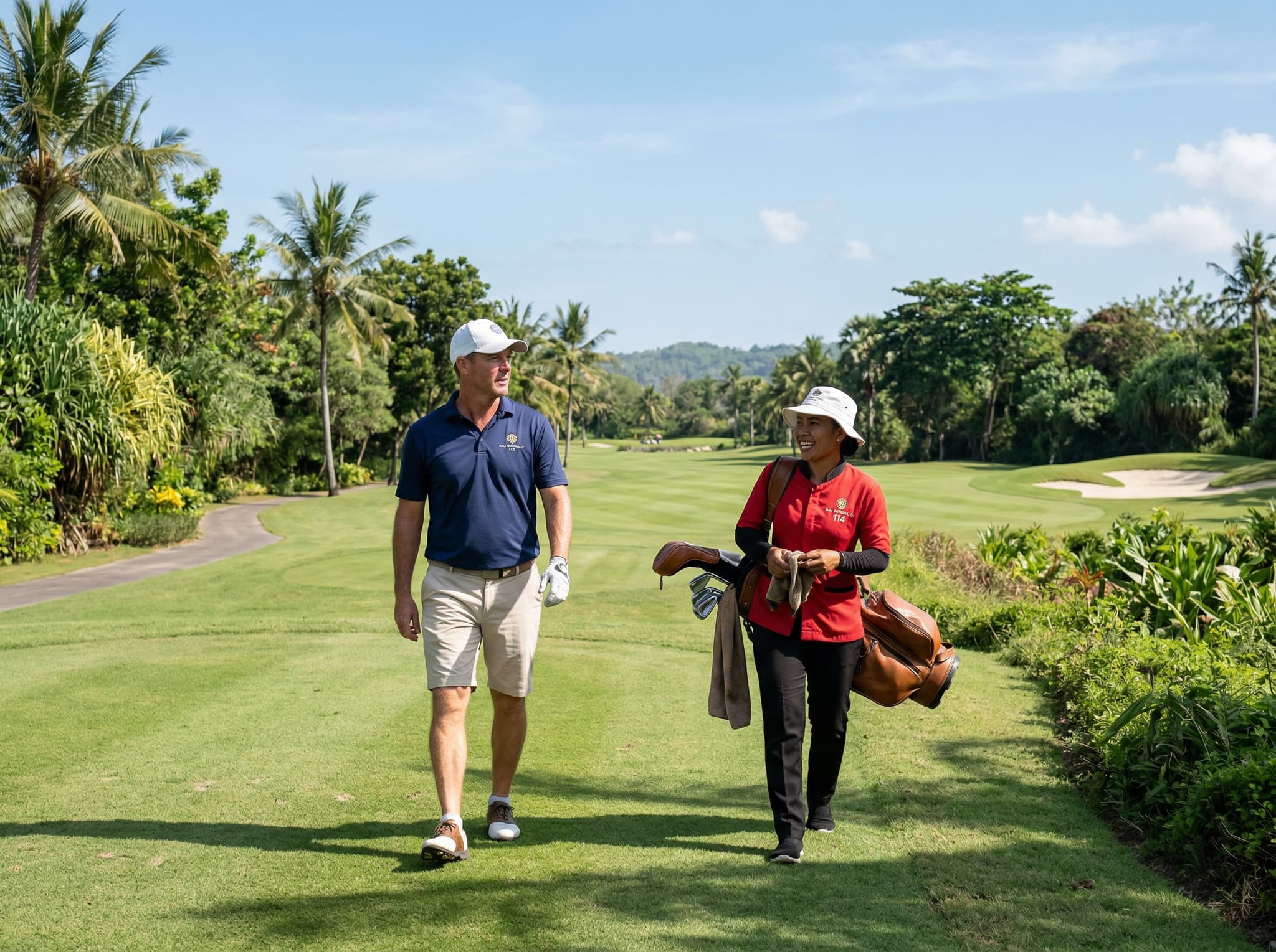 A golfer and caddie walking a fairway at Bali National Golf Club during dry season conditions — illustrating the caddie-mandatory policy and the course's well-maintained dry-season playing surfaces described in the costs and booking section