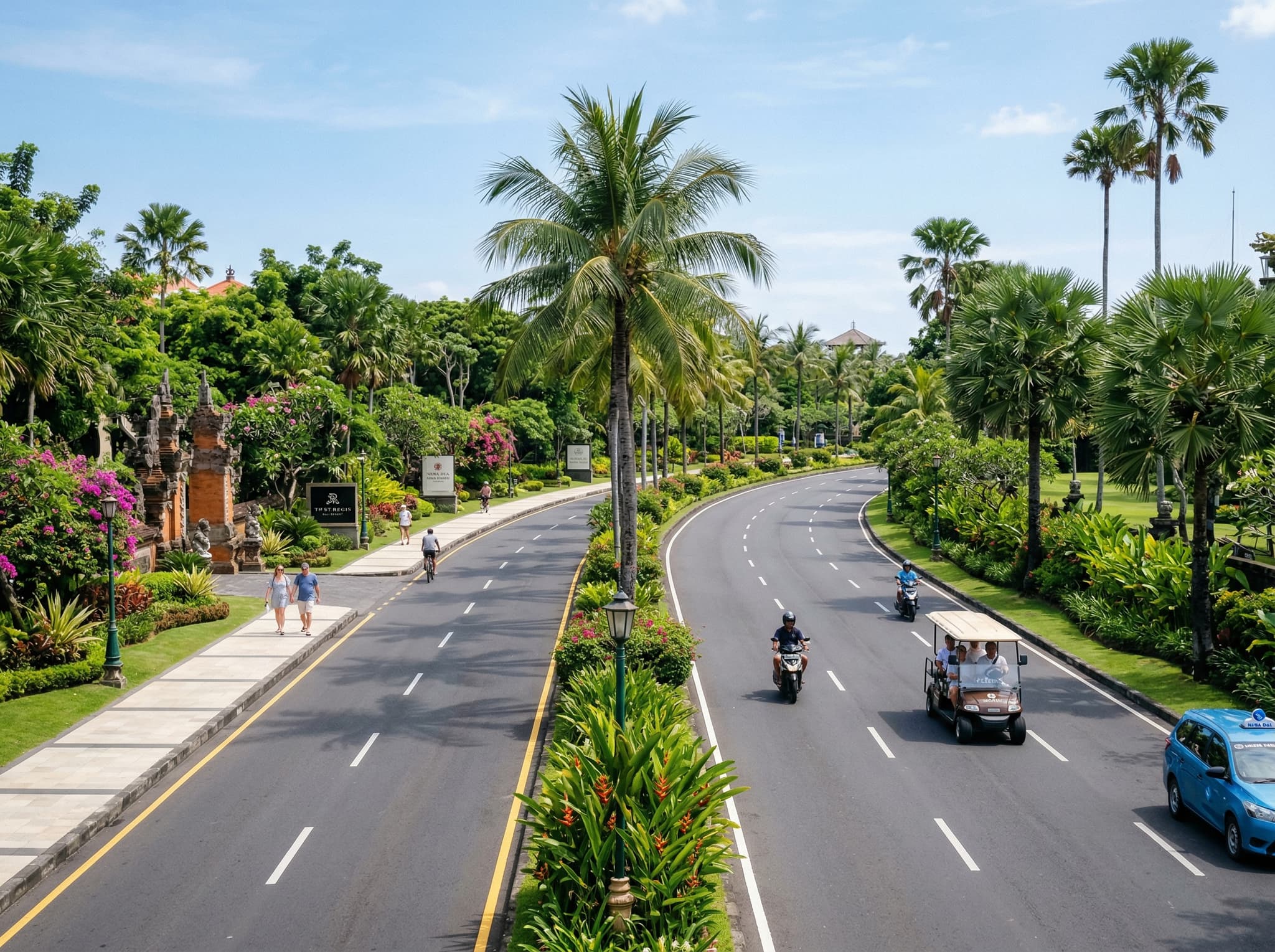 Street-level or car-window view of the Nusa Dua resort enclave road leading toward Bali National Golf Club — contextualizing the article's Getting There section and the course's convenient location within the Nusa Dua resort strip