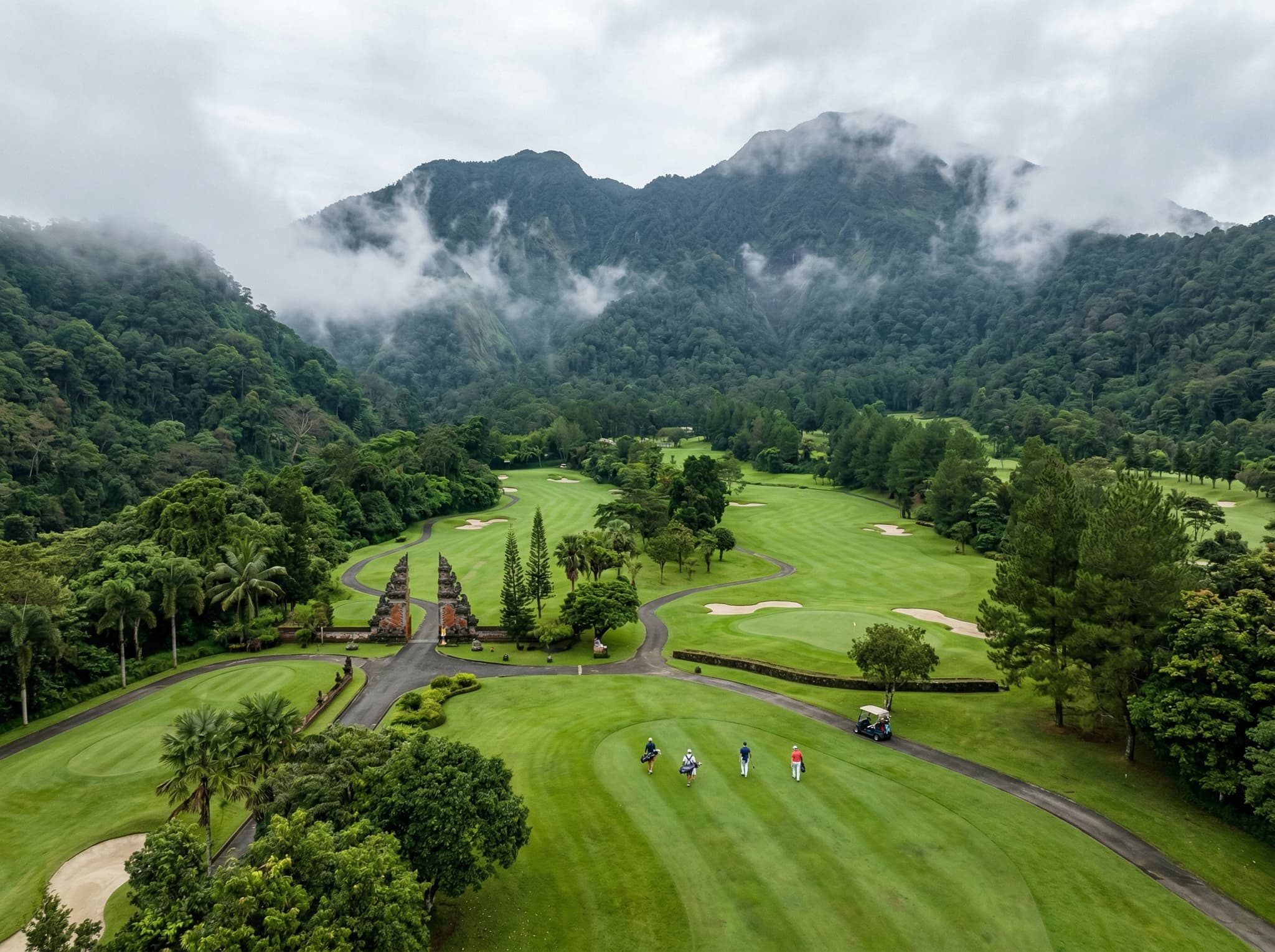 Handara Golf and Resort in Bedugul, Bali, showing its mountain setting amid volcanic highland terrain — used in the article's comparison section to contrast Handara's scenic but less consistent conditions against Bali National