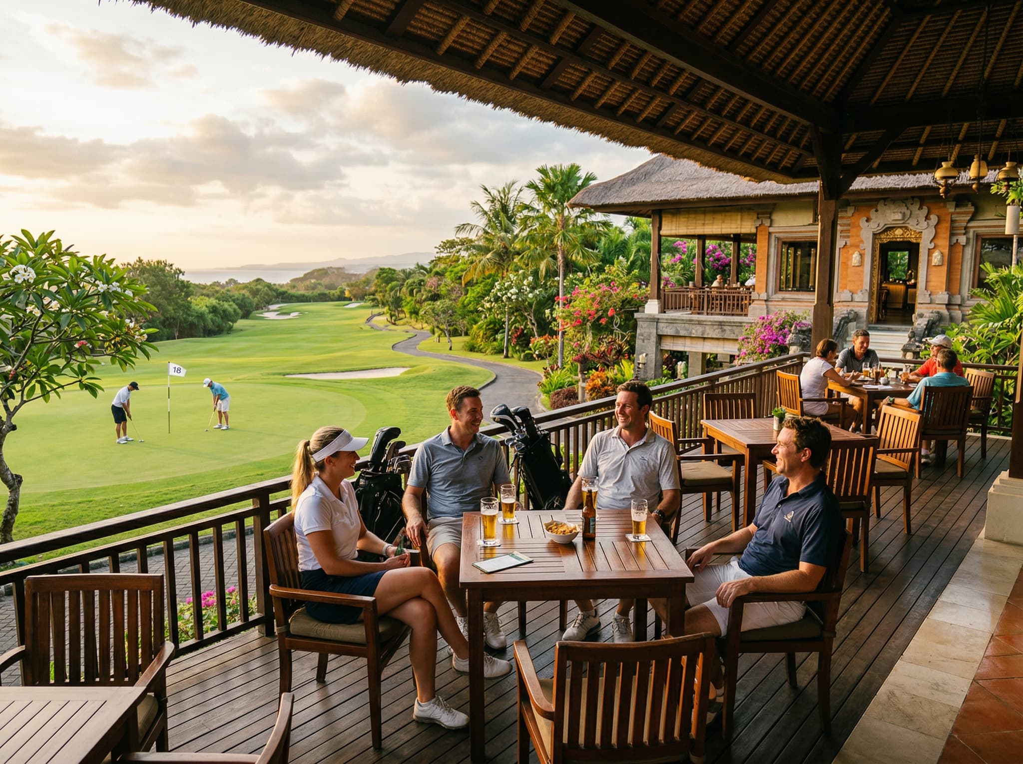 The clubhouse terrace or restaurant at Bali National Golf Club overlooking the 18th green — supporting the article's description of post-round facilities including the terrace, restaurant, and cold Bintangs