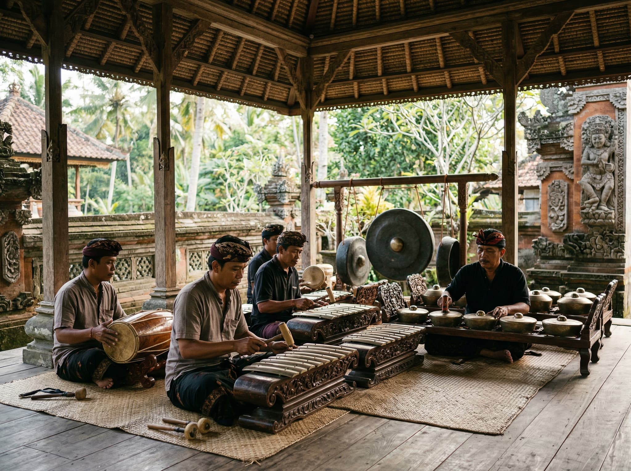 A Balinese gamelan ensemble rehearsing in an open-air pavilion — musicians seated with bronze instruments in a traditional wooden structure, representing the living rehearsal culture described at Taman Wedhi Budaya
