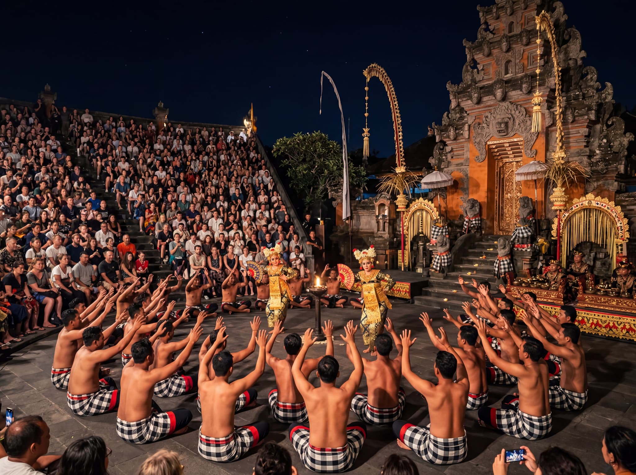 An evening Kecak or Legong dance performance at the Bali Arts Festival — costumed Balinese dancers on a lit stage with a large audience, capturing the amphitheater-at-night atmosphere the article describes as needing no superlative