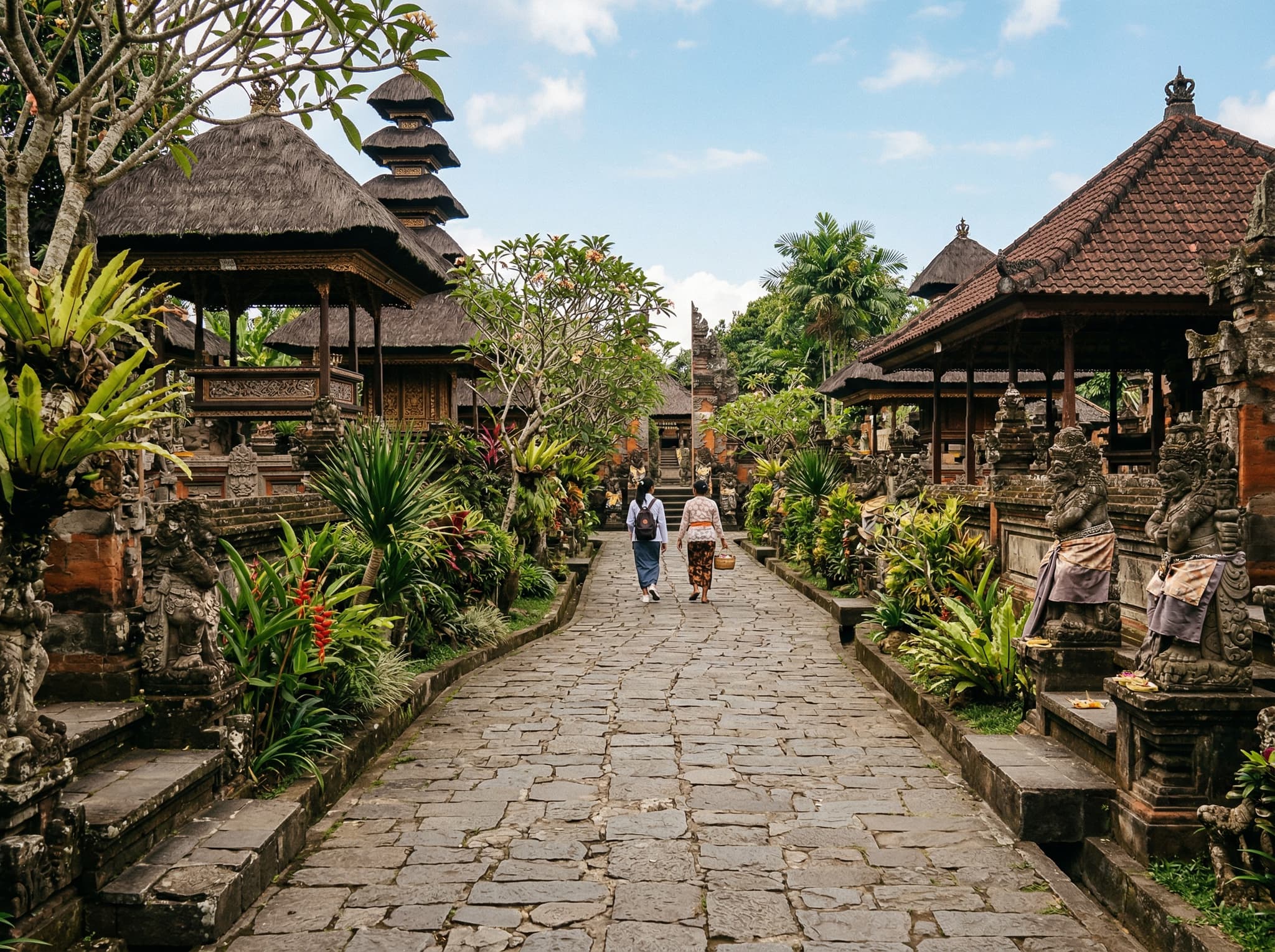 The quiet grounds of Taman Wedhi Budaya outside festival season — empty stone-paved pathways between traditional Balinese pavilions and carved sculptures, conveying the unhurried, non-commercial atmosphere the article contrasts with Ubud's tourist circuit
