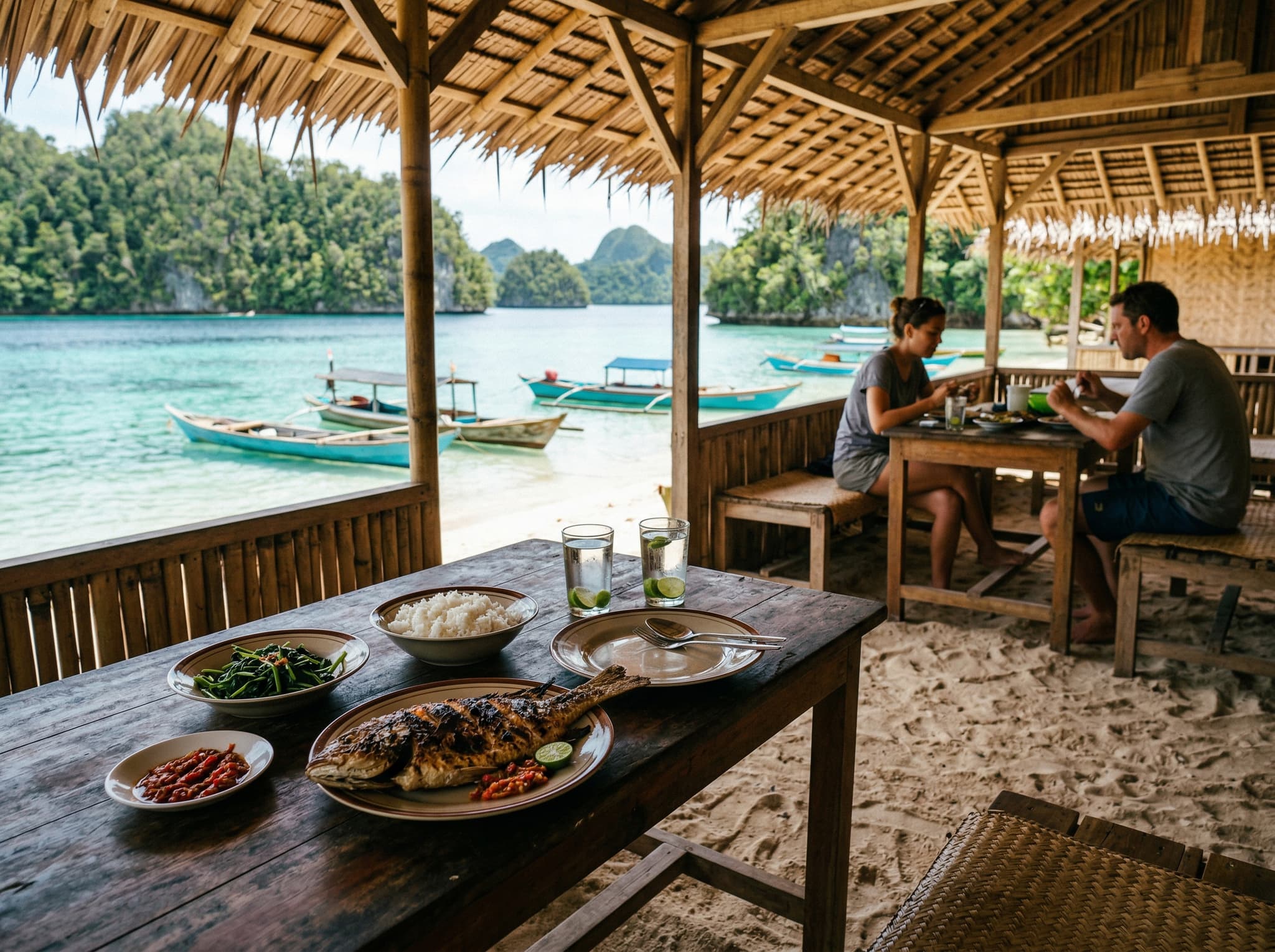 Interior or exterior of a simple homestay dining area with sand floor and beach view in Raja Ampat — a table set with fresh fish and local Indonesian dishes, evoking the three-meals-included experience at Dorey Homestay described in the food section